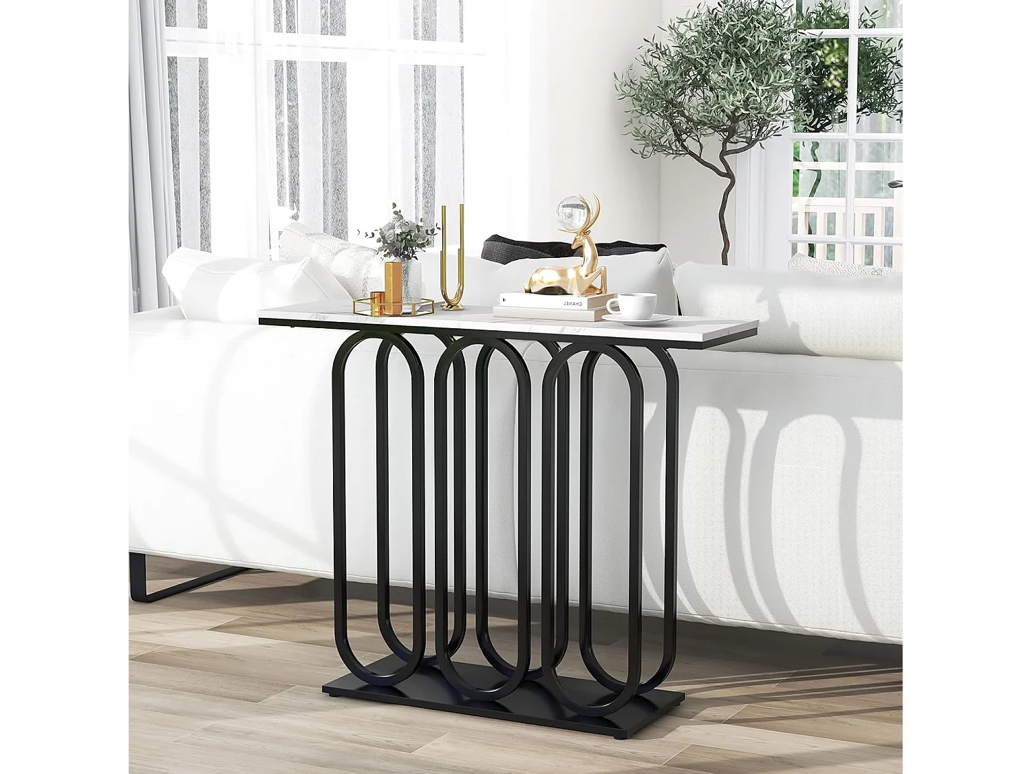 Consoletafel met marmerlook, smalle entreetafel met metalen frame, bijzettafel, voor woonkamer,ingang, 100 x 30 x 80 cm, wit en zwartVH33457