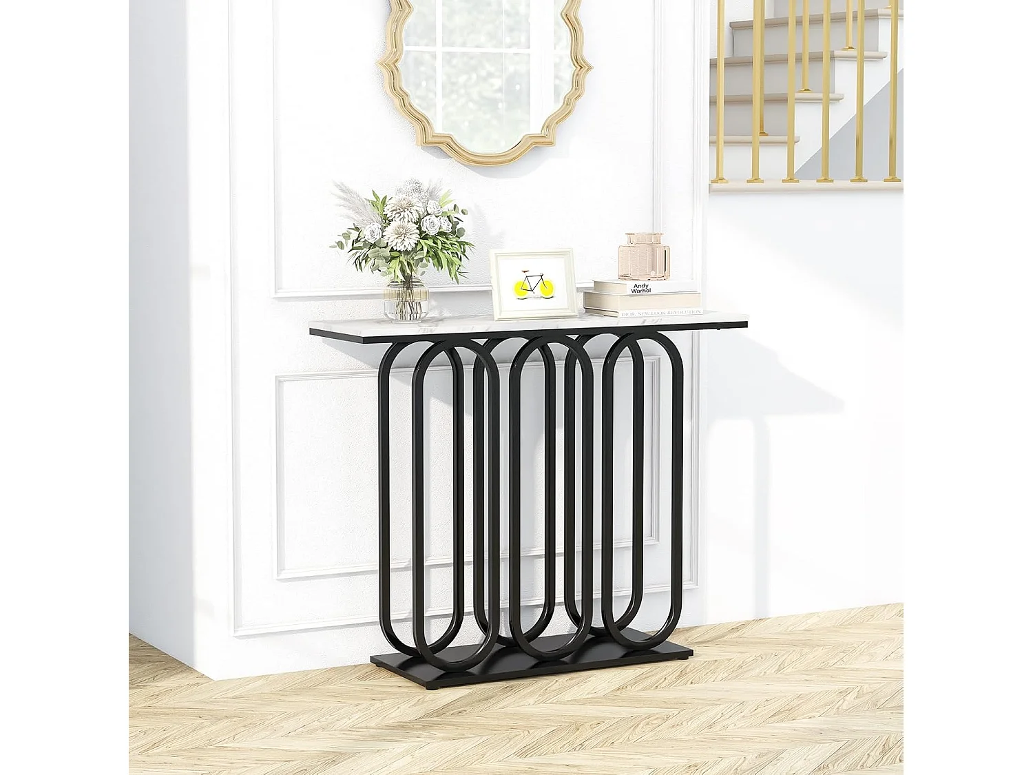 Consoletafel met marmerlook, smalle entreetafel met metalen frame, bijzettafel, voor woonkamer,ingang, 100 x 30 x 80 cm, wit en zwartVH33457