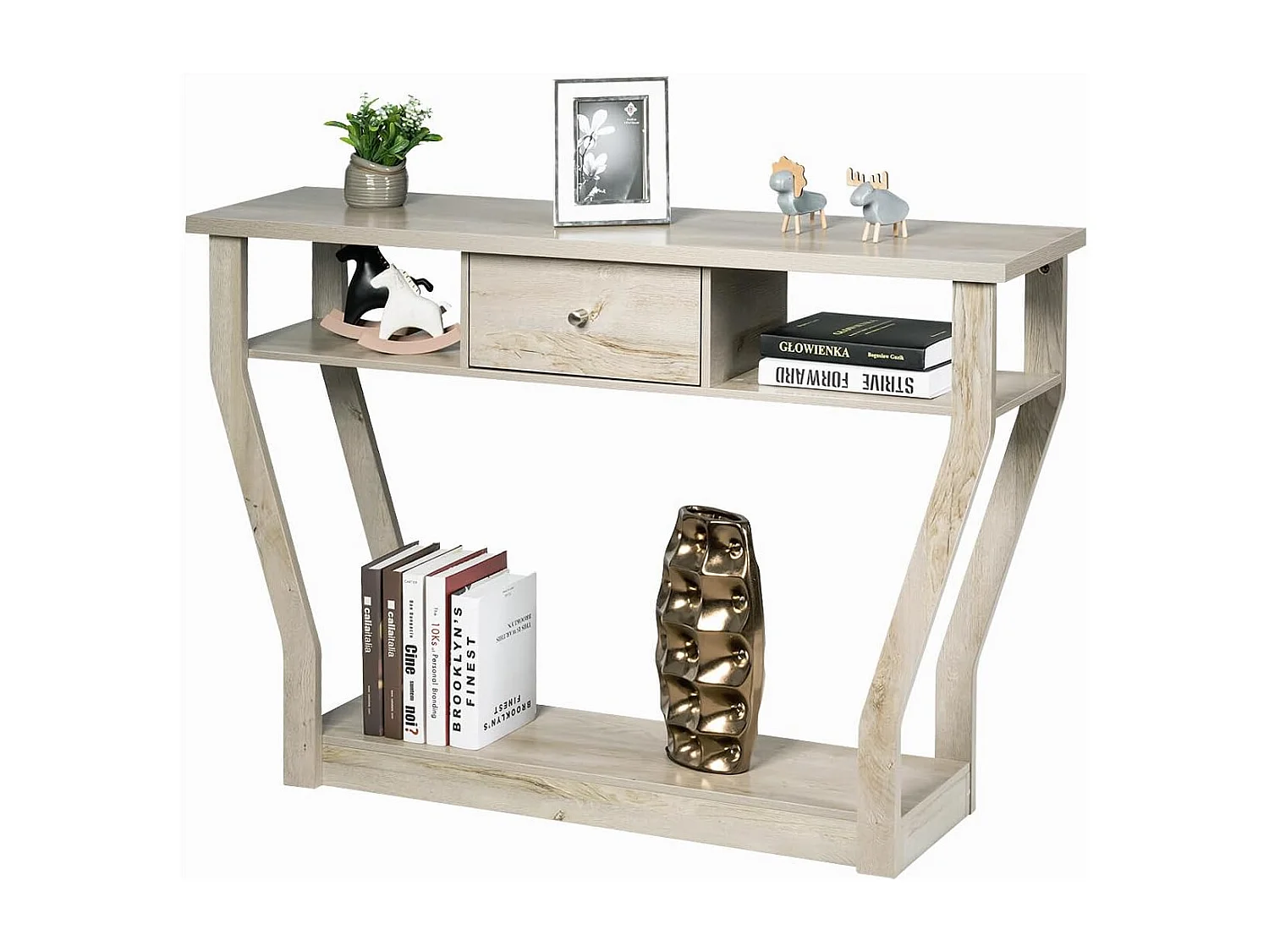 Consoletafel met lade en plank, haltafel van hout, entreetafel, bijzettafel voor ingang, woonkamer, slaapkamer, 120 x 30 x 81 cm (grijs)TI82413