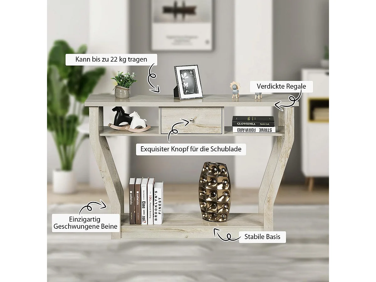 Consoletafel met lade en plank, haltafel van hout, entreetafel, bijzettafel voor ingang, woonkamer, slaapkamer, 120 x 30 x 81 cm (grijs)TI82413