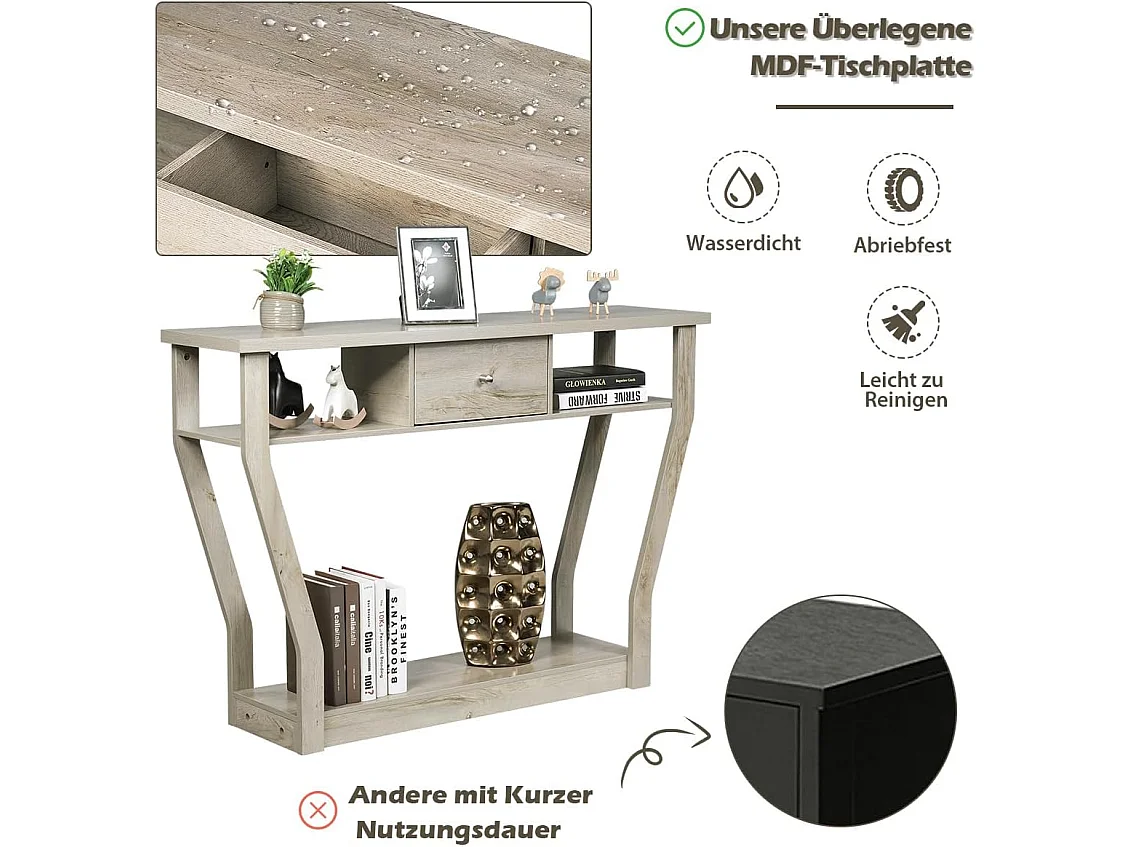 Consoletafel met lade en plank, haltafel van hout, entreetafel, bijzettafel voor ingang, woonkamer, slaapkamer, 120 x 30 x 81 cm (grijs)TI82413
