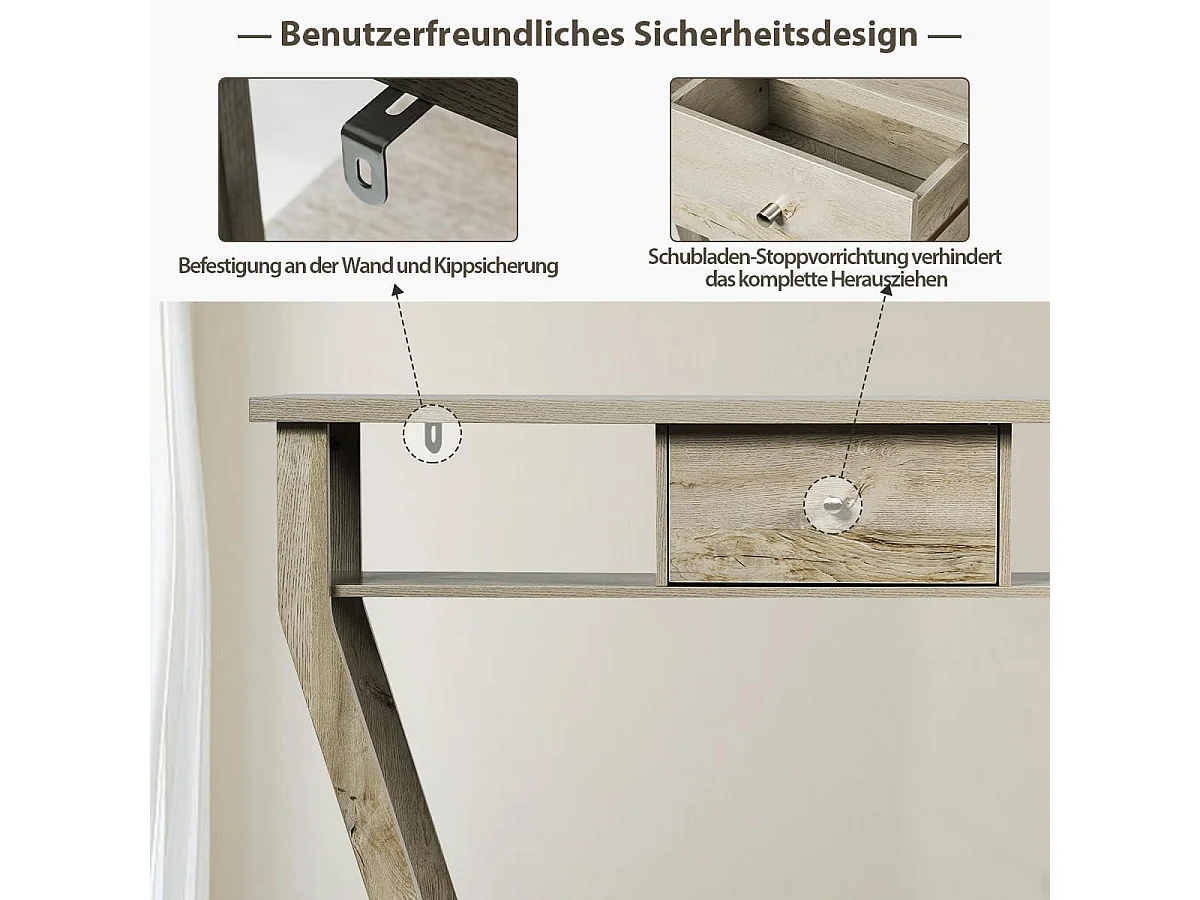 Consoletafel met lade en plank, haltafel van hout, entreetafel, bijzettafel voor ingang, woonkamer, slaapkamer, 120 x 30 x 81 cm (grijs)TI82413