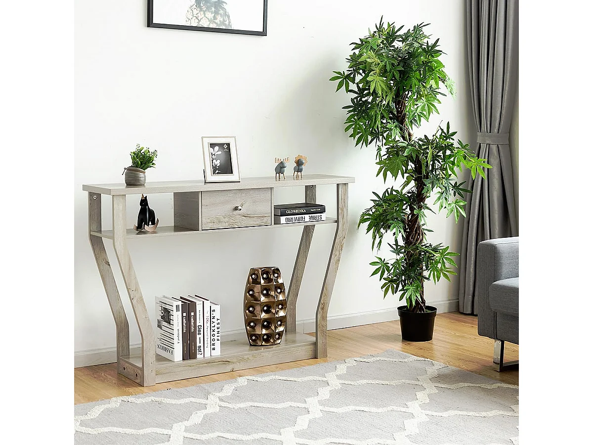 Consoletafel met lade en plank, haltafel van hout, entreetafel, bijzettafel voor ingang, woonkamer, slaapkamer, 120 x 30 x 81 cm (grijs)TI82413