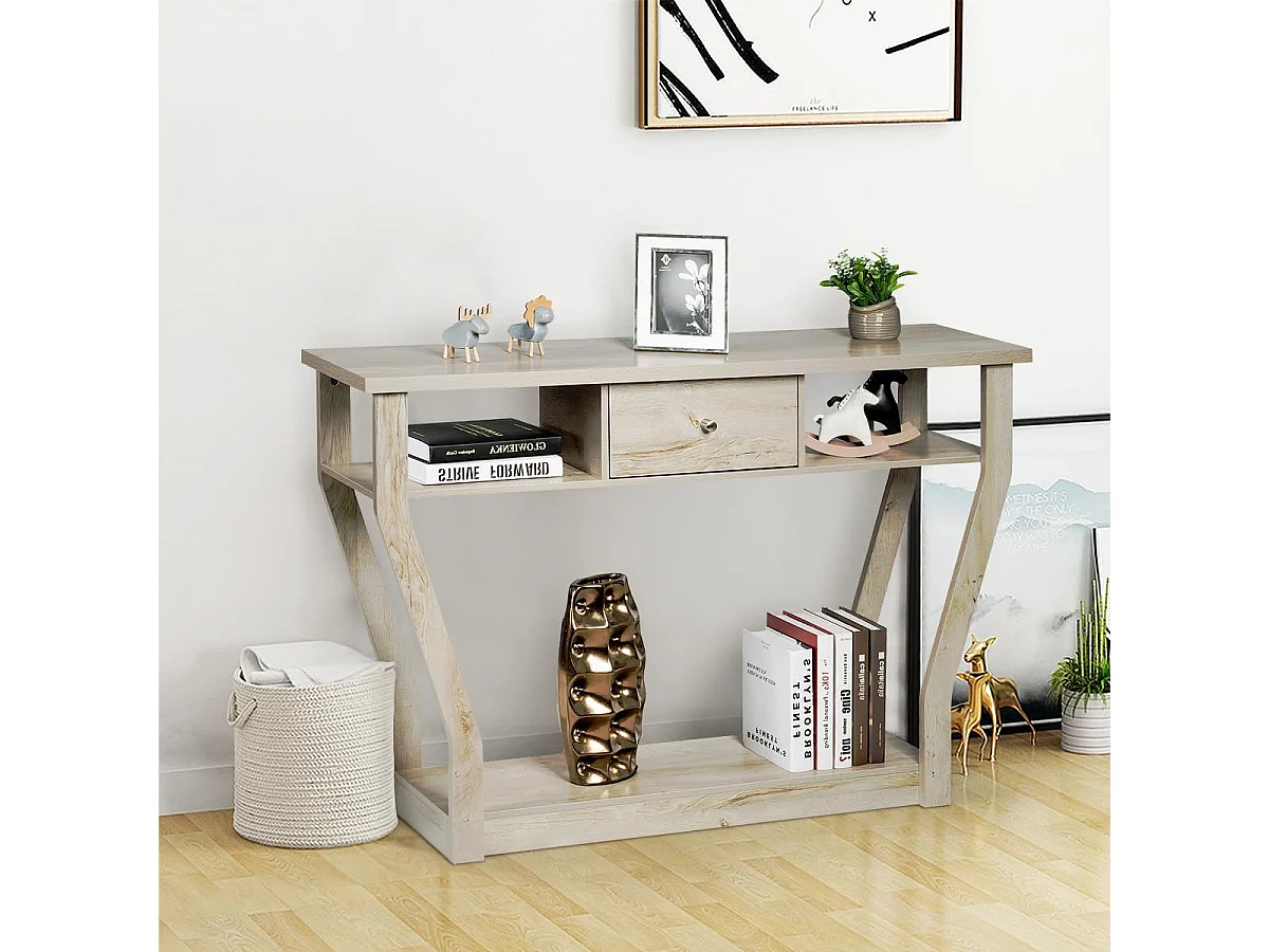 Consoletafel met lade en plank, haltafel van hout, entreetafel, bijzettafel voor ingang, woonkamer, slaapkamer, 120 x 30 x 81 cm (grijs)TI82413