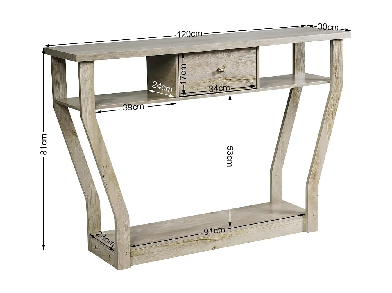 Consoletafel met lade en plank, haltafel van hout, entreetafel, bijzettafel voor ingang, woonkamer, slaapkamer, 120 x 30 x 81 cm (grijs)TI82413