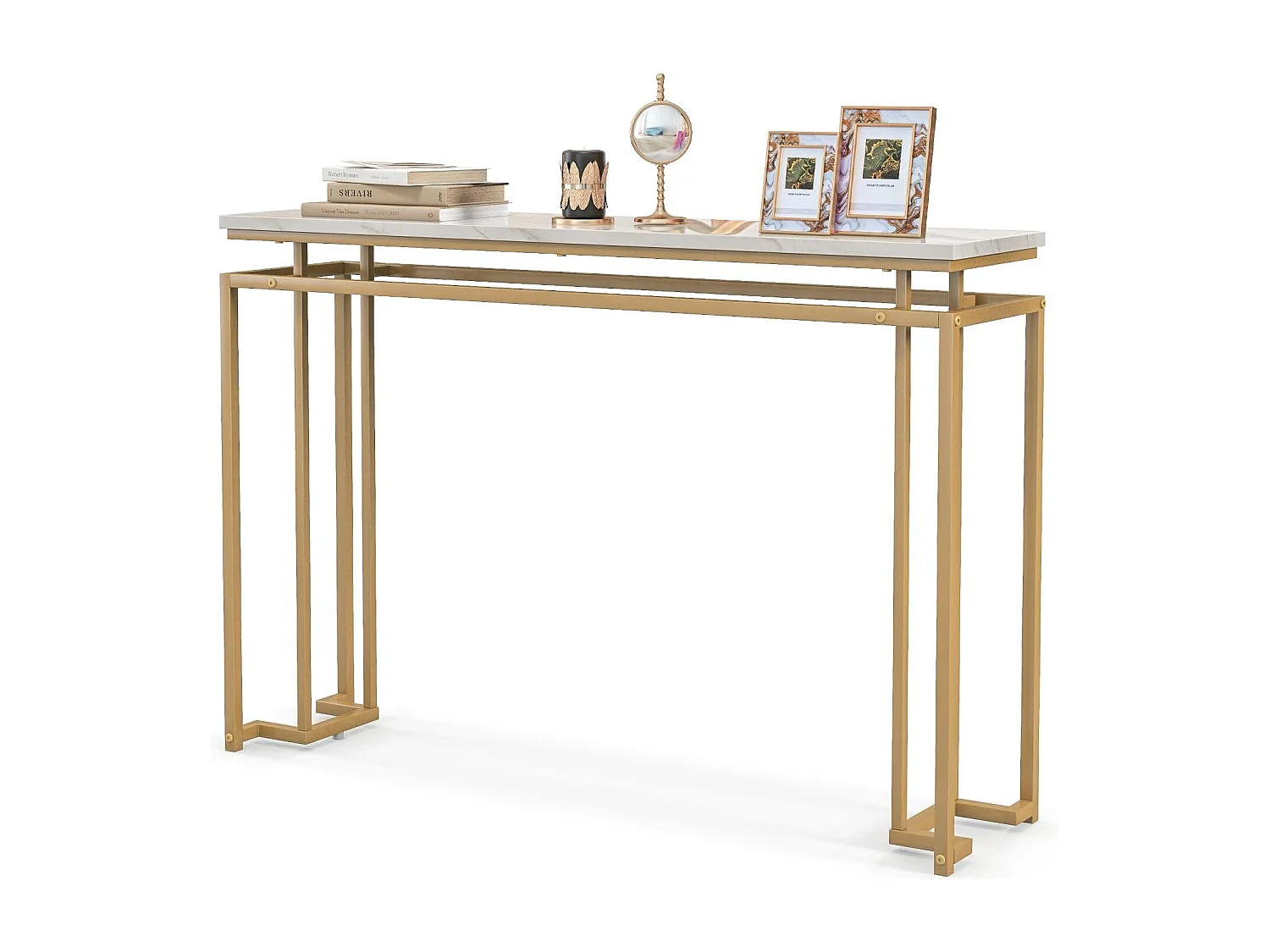 Consoletafel, marmerlook, haltafel, smal, bijzettafel met metalen frame, entreetafel voor entree, woonkamer, hal, 120 x 30 x 80,5 cm, goud, VH33424