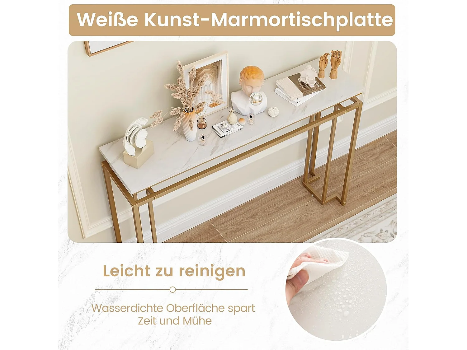 Consoletafel, marmerlook, haltafel, smal, bijzettafel met metalen frame, entreetafel voor entree, woonkamer, hal, 120 x 30 x 80,5 cm, goud, VH33424