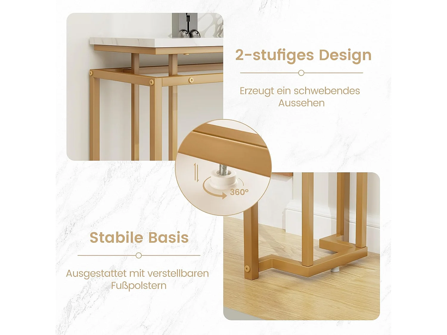 Consoletafel, marmerlook, haltafel, smal, bijzettafel met metalen frame, entreetafel voor entree, woonkamer, hal, 120 x 30 x 80,5 cm, goud, VH33424