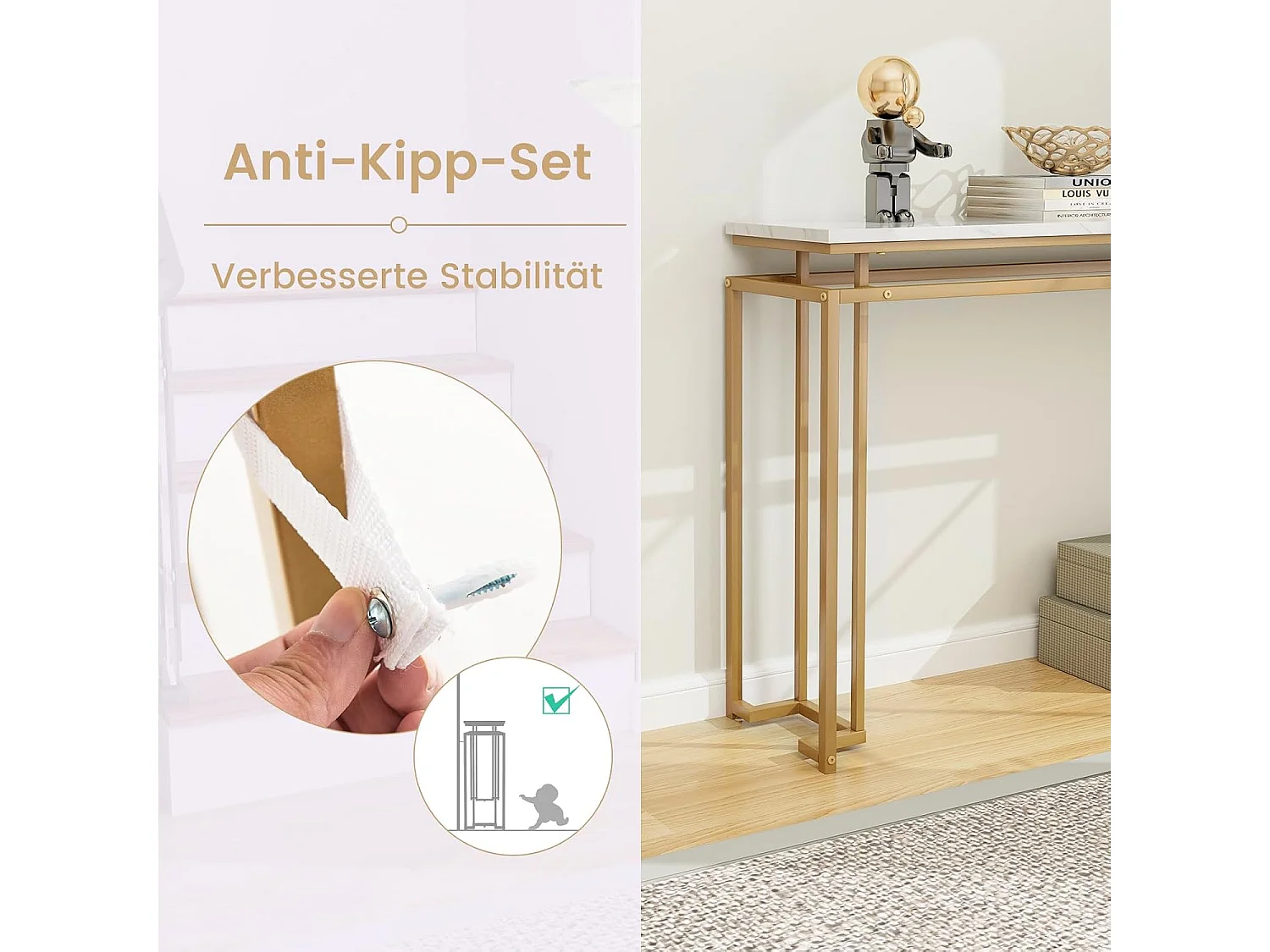 Consoletafel, marmerlook, haltafel, smal, bijzettafel met metalen frame, entreetafel voor entree, woonkamer, hal, 120 x 30 x 80,5 cm, goud, VH33424