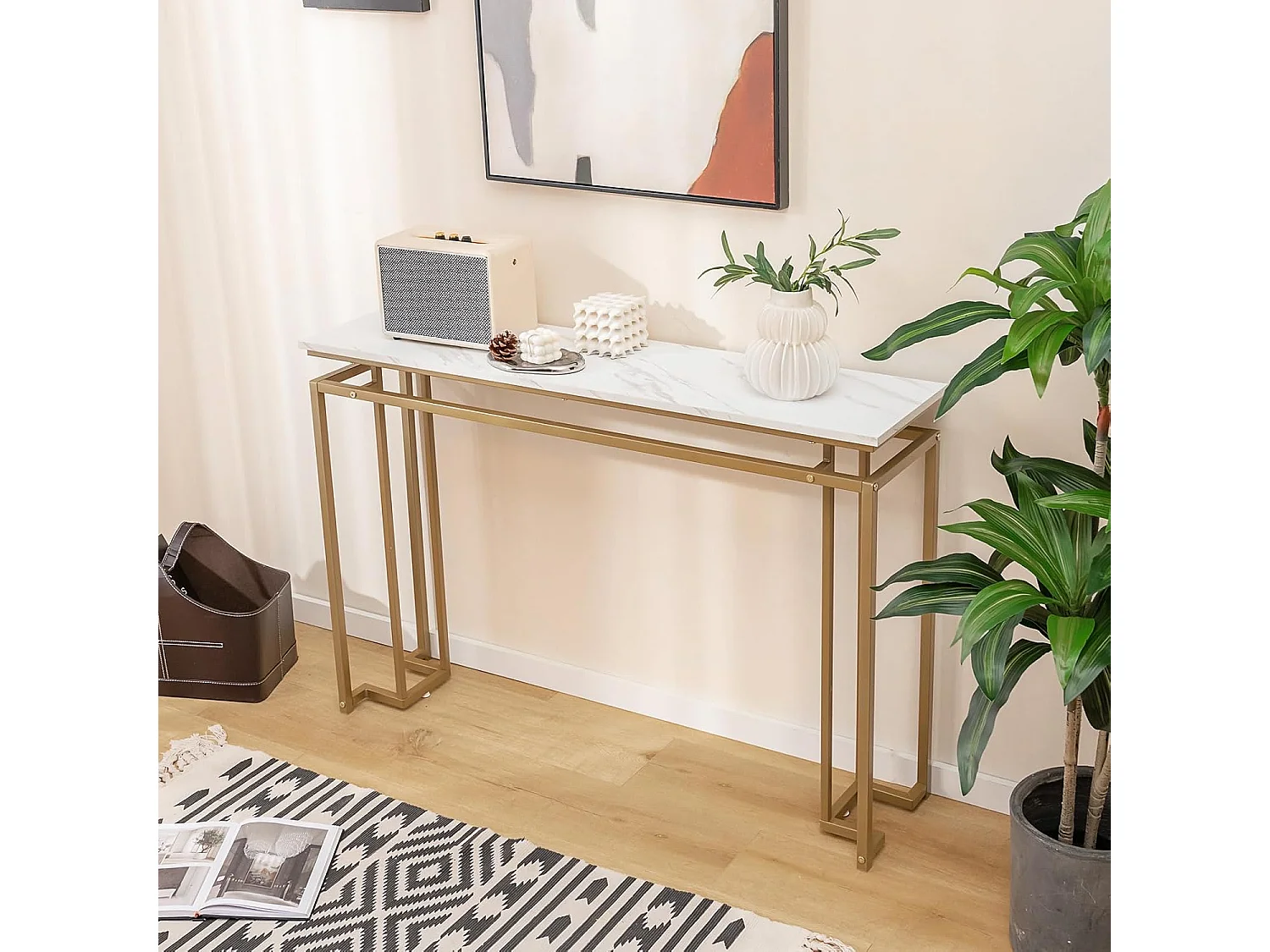 Consoletafel, marmerlook, haltafel, smal, bijzettafel met metalen frame, entreetafel voor entree, woonkamer, hal, 120 x 30 x 80,5 cm, goud, VH33424