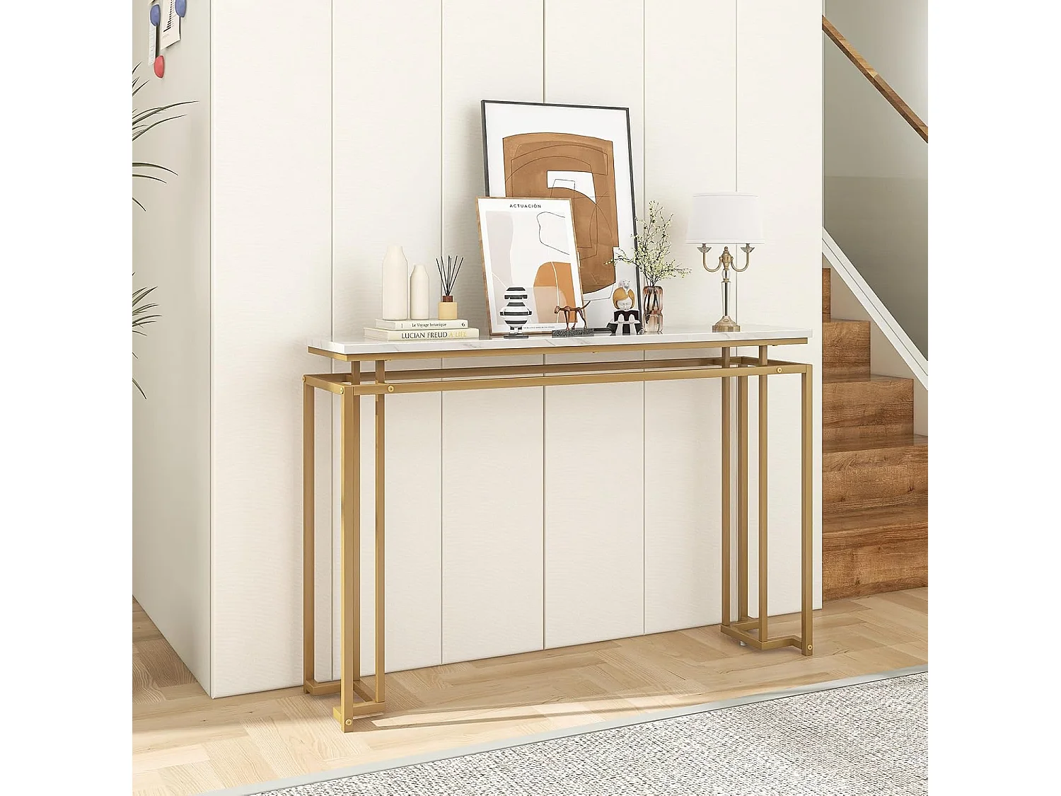 Consoletafel, marmerlook, haltafel, smal, bijzettafel met metalen frame, entreetafel voor entree, woonkamer, hal, 120 x 30 x 80,5 cm, goud, VH33424