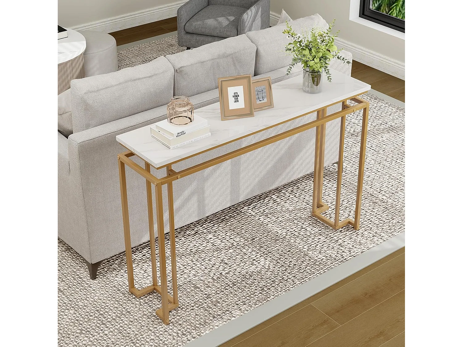 Consoletafel, marmerlook, haltafel, smal, bijzettafel met metalen frame, entreetafel voor entree, woonkamer, hal, 120 x 30 x 80,5 cm, goud, VH33424