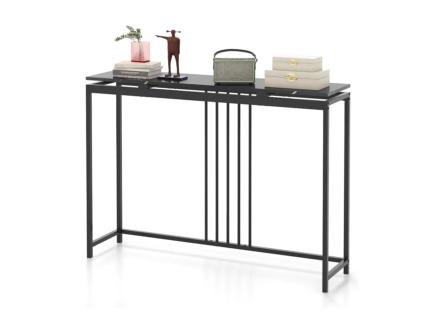 Consoletafel zwart, entreetafel hout met marmerlook, bijzettafel met zwart metalen frame, gangtafel modern, 120 x 30 x 90 cmVH33560