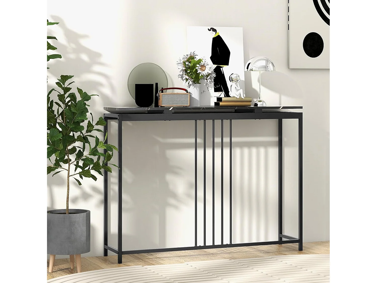 Consoletafel zwart, entreetafel hout met marmerlook, bijzettafel met zwart metalen frame, gangtafel modern, 120 x 30 x 90 cmVH33560