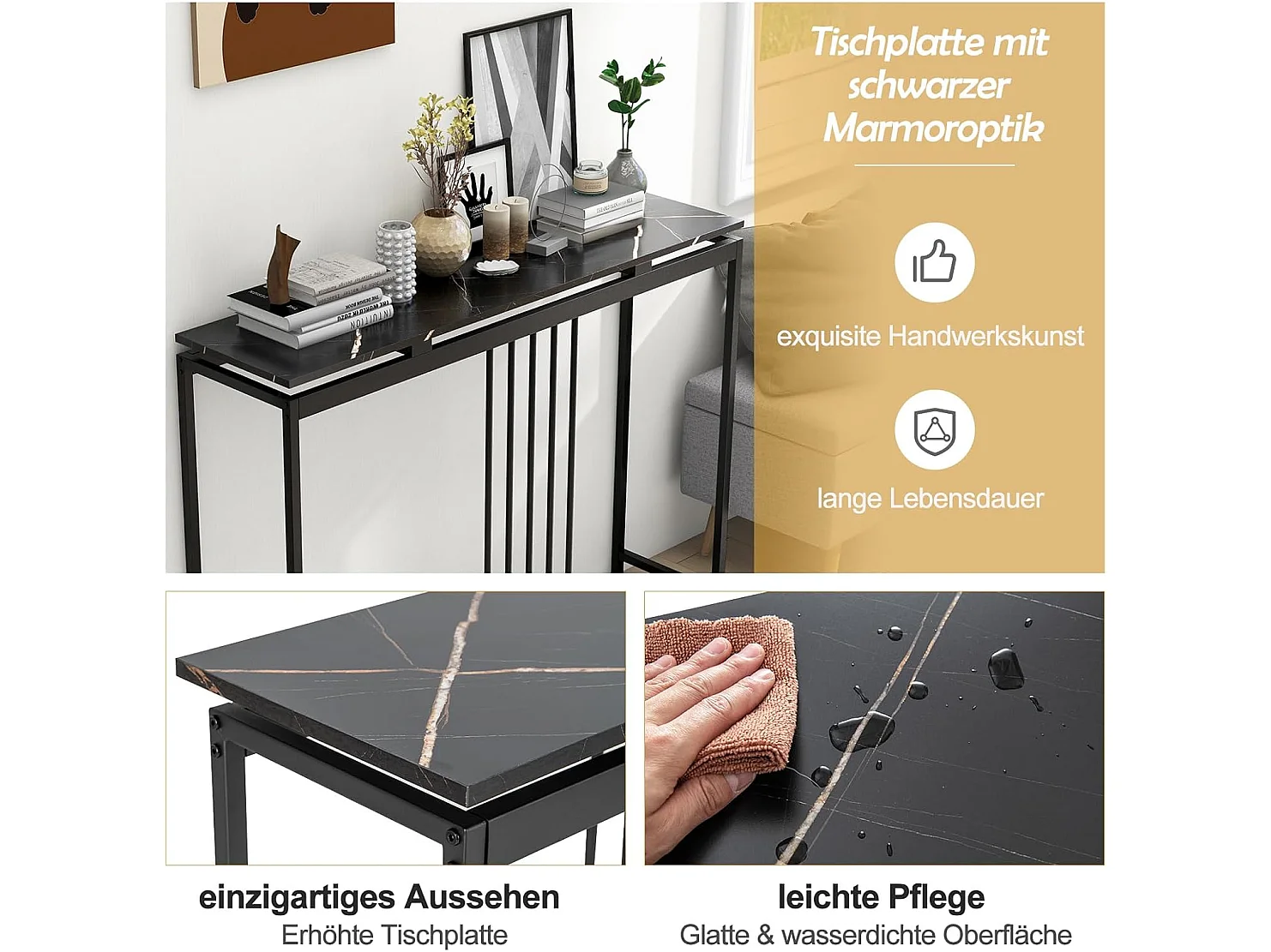 Consoletafel zwart, entreetafel hout met marmerlook, bijzettafel met zwart metalen frame, gangtafel modern, 120 x 30 x 90 cmVH33560