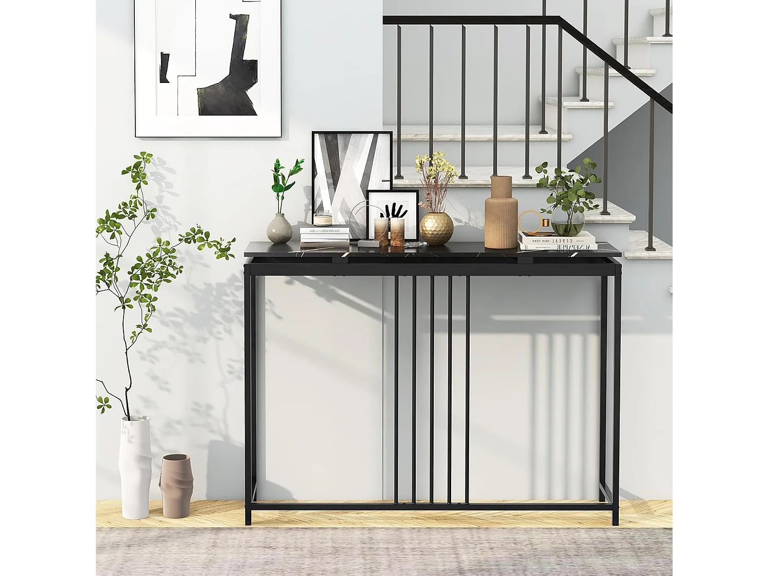 Consoletafel zwart, entreetafel hout met marmerlook, bijzettafel met zwart metalen frame, gangtafel modern, 120 x 30 x 90 cmVH33560