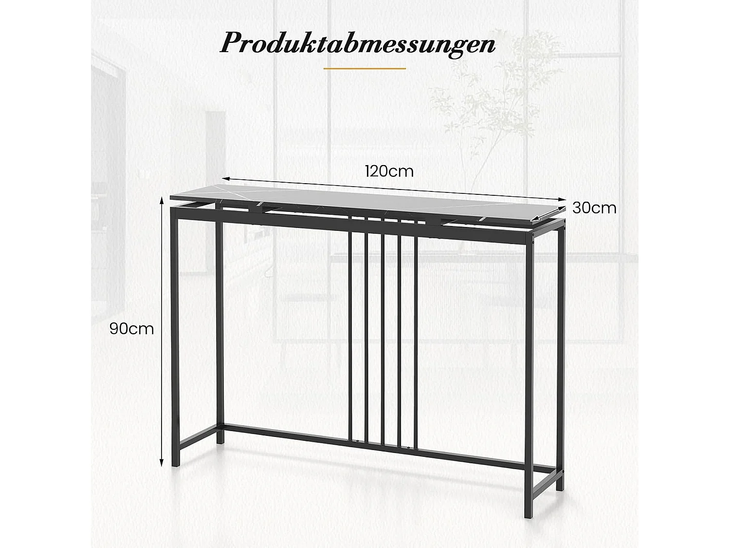 Consoletafel zwart, entreetafel hout met marmerlook, bijzettafel met zwart metalen frame, gangtafel modern, 120 x 30 x 90 cmVH33560