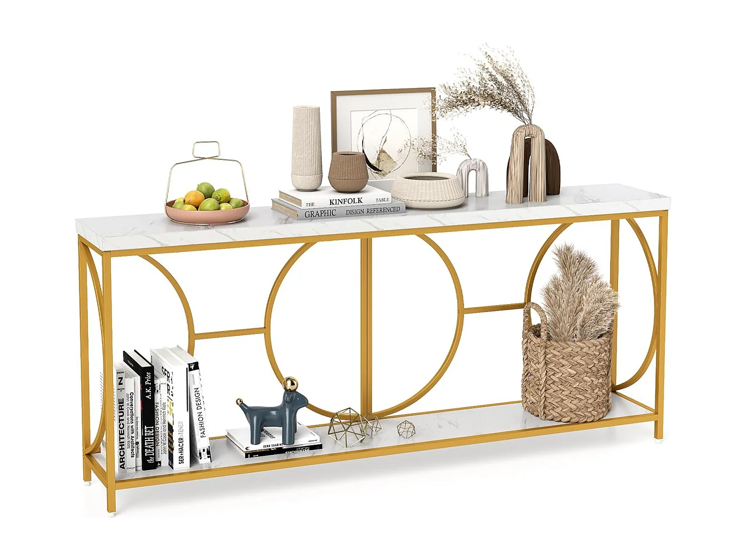Consoletafel, 180 cm, smal, marmerlook, salontafel met geometrisch metalen frame, bijzettafel goud + wit, voor woonkamer, hal, ingang, modernVH34239