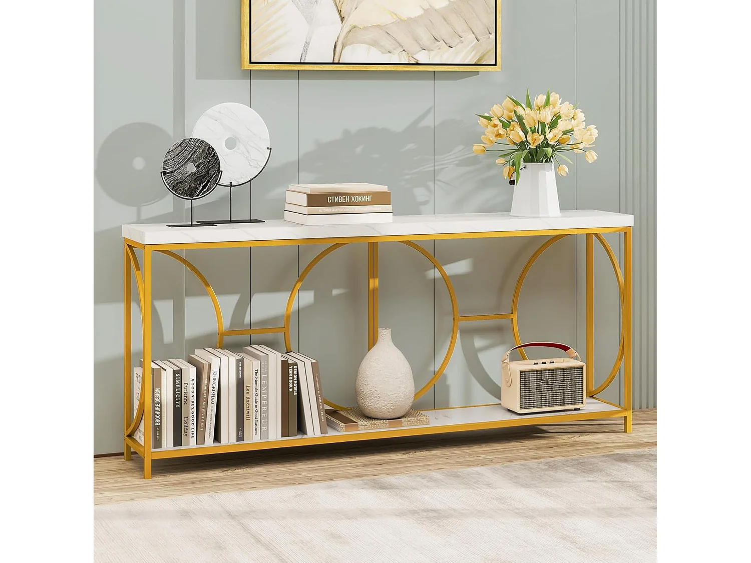 Consoletafel, 180 cm, smal, marmerlook, salontafel met geometrisch metalen frame, bijzettafel goud + wit, voor woonkamer, hal, ingang, modernVH34239