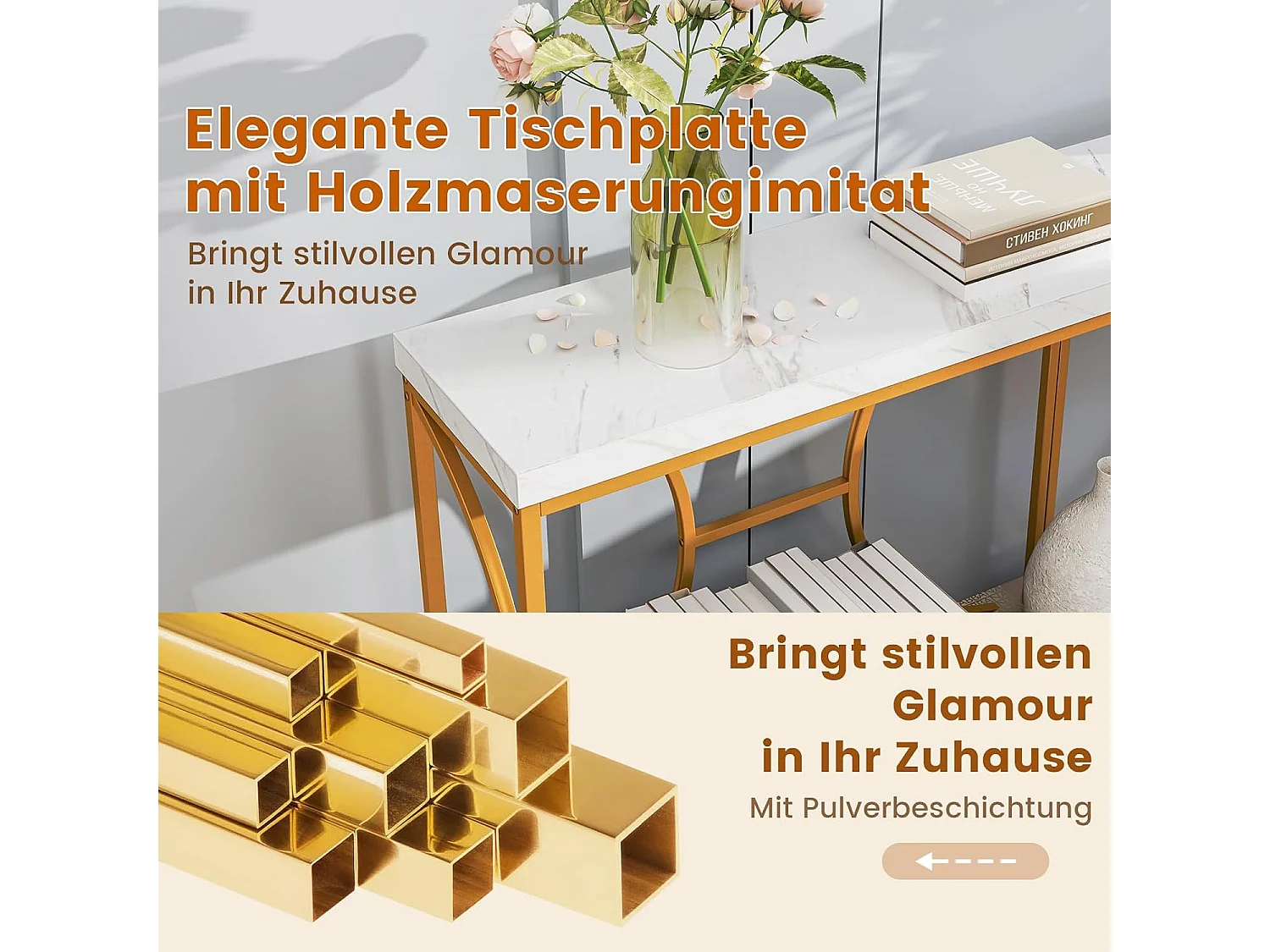 Consoletafel, 180 cm, smal, marmerlook, salontafel met geometrisch metalen frame, bijzettafel goud + wit, voor woonkamer, hal, ingang, modernVH34239