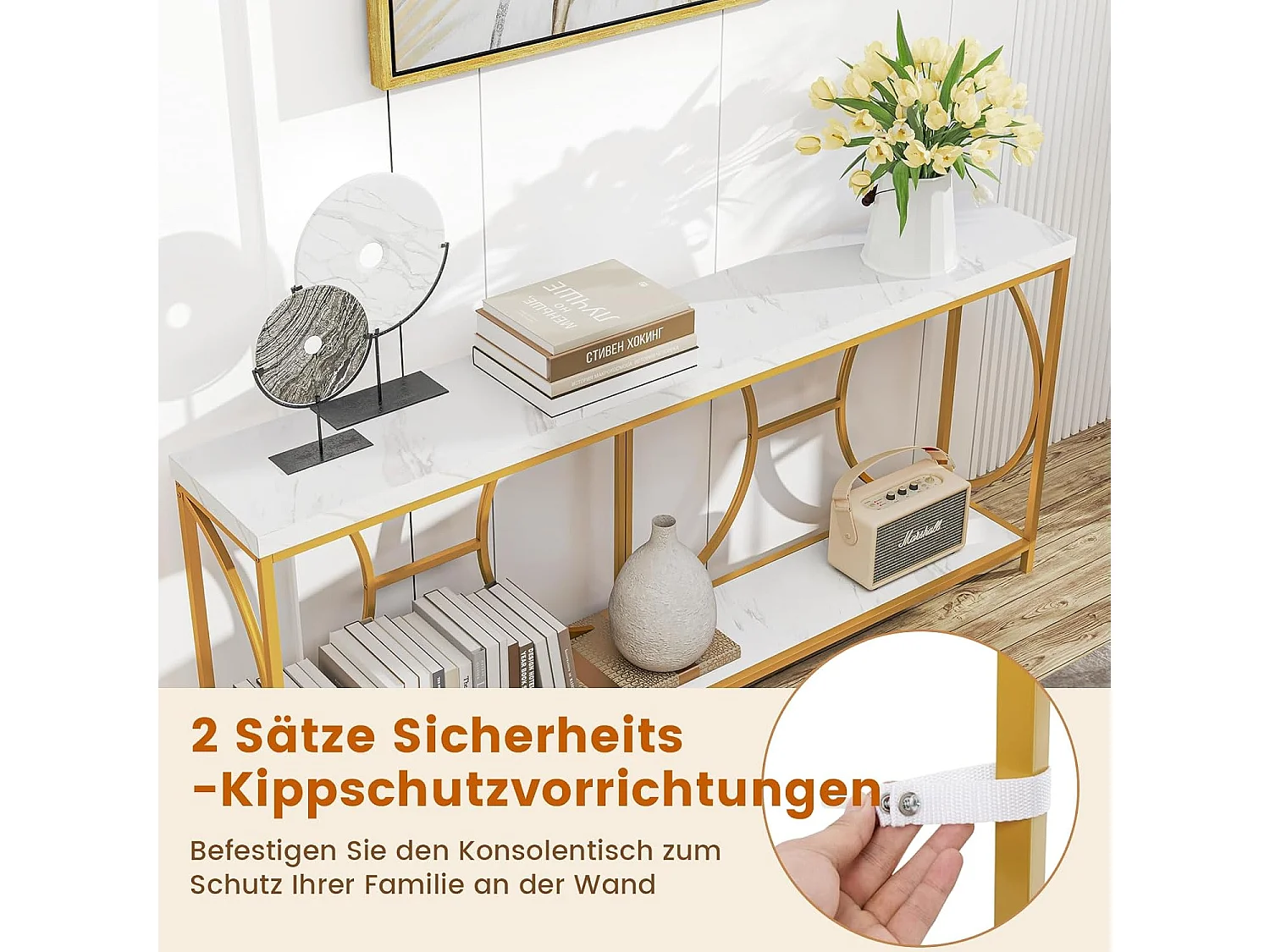 Consoletafel, 180 cm, smal, marmerlook, salontafel met geometrisch metalen frame, bijzettafel goud + wit, voor woonkamer, hal, ingang, modernVH34239