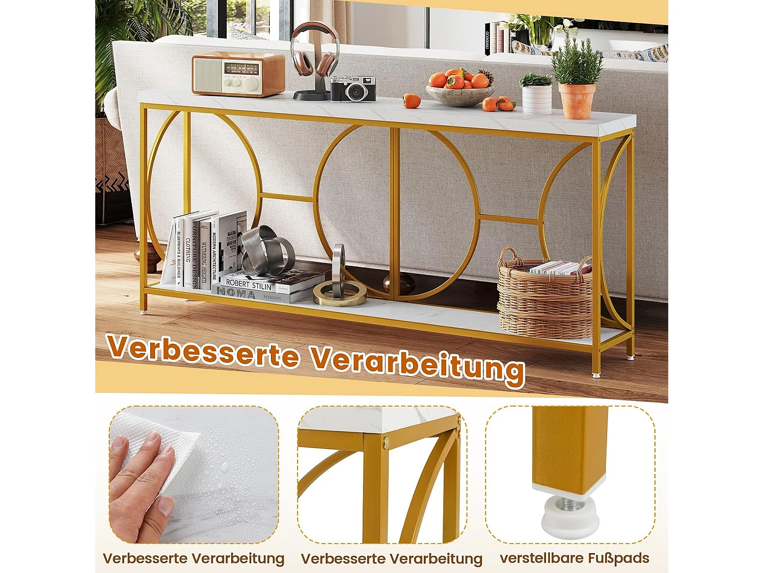 Consoletafel, 180 cm, smal, marmerlook, salontafel met geometrisch metalen frame, bijzettafel goud + wit, voor woonkamer, hal, ingang, modernVH34239