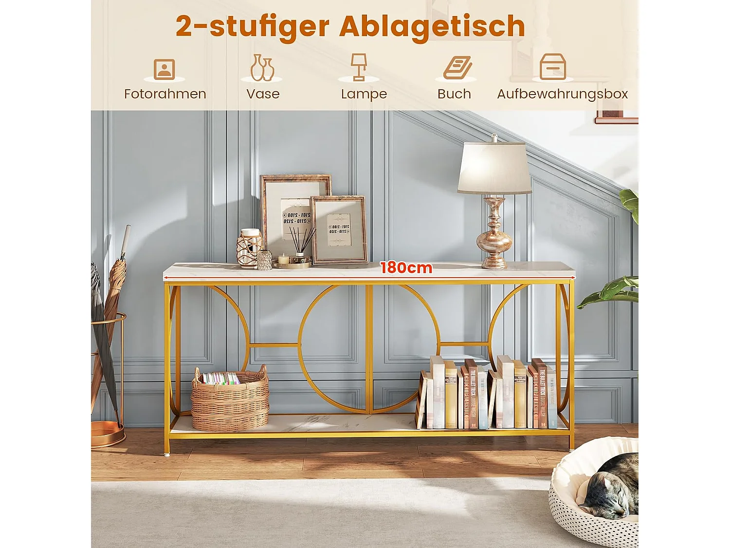 Consoletafel, 180 cm, smal, marmerlook, salontafel met geometrisch metalen frame, bijzettafel goud + wit, voor woonkamer, hal, ingang, modernVH34239