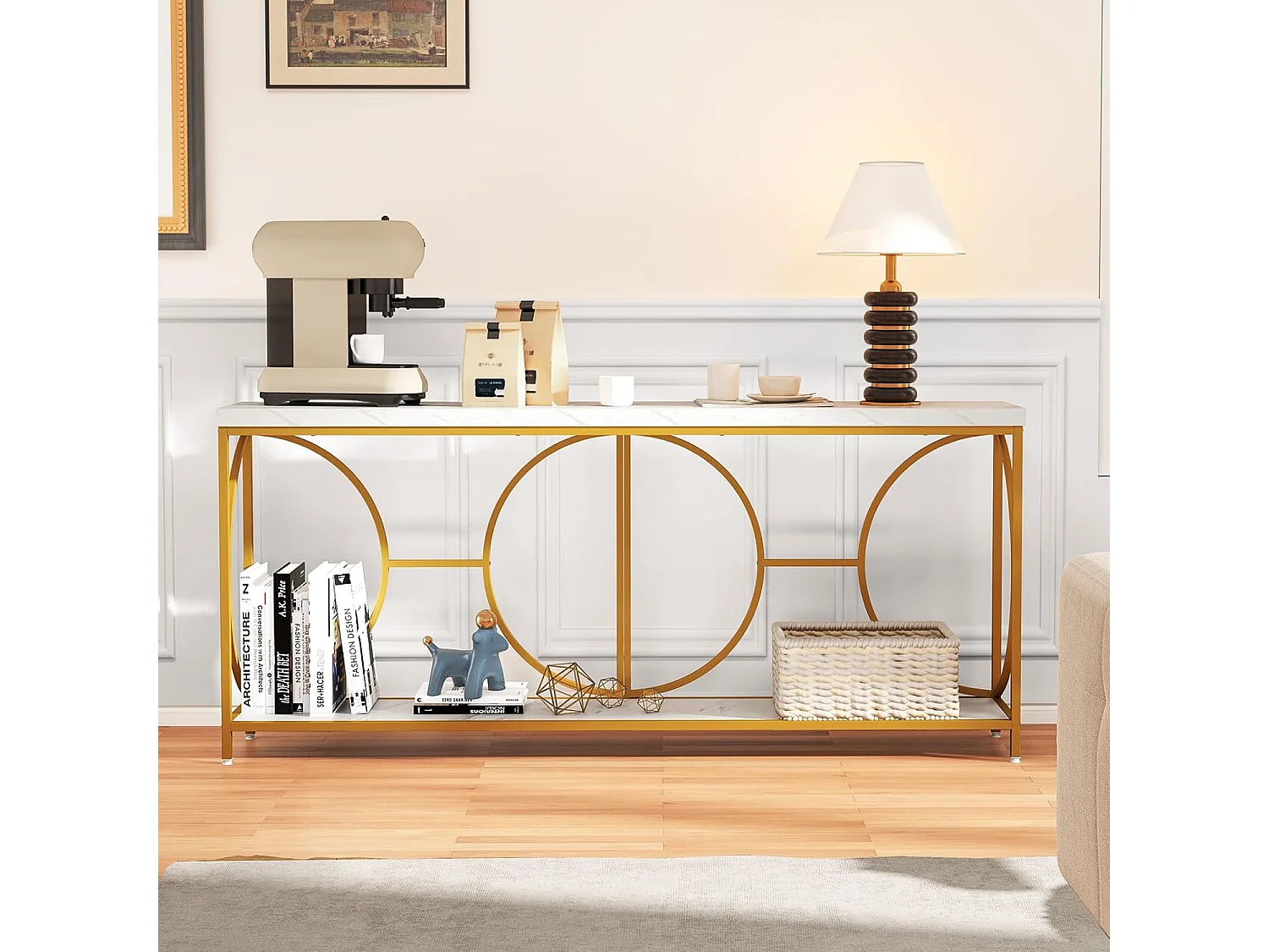 Consoletafel, 180 cm, smal, marmerlook, salontafel met geometrisch metalen frame, bijzettafel goud + wit, voor woonkamer, hal, ingang, modernVH34239