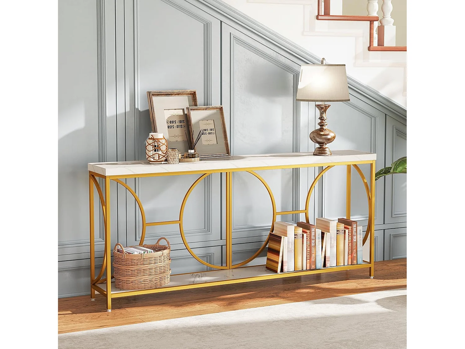 Consoletafel, 180 cm, smal, marmerlook, salontafel met geometrisch metalen frame, bijzettafel goud + wit, voor woonkamer, hal, ingang, modernVH34239