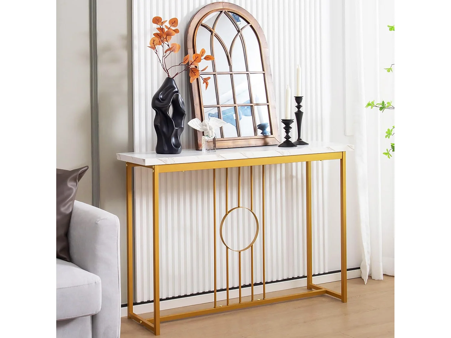 Consoletafel, marmerlook, bijzettafel, smal met metalen frame en verstelbare voetkussens, gangtafel, sofatafel, modern,ingang, 120 x 30 x 80,5 cmVH32115