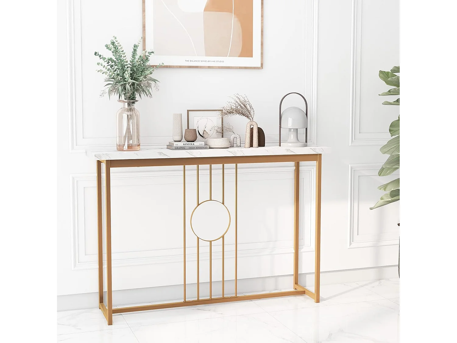 Consoletafel, marmerlook, bijzettafel, smal met metalen frame en verstelbare voetkussens, gangtafel, sofatafel, modern,ingang, 120 x 30 x 80,5 cmVH32115