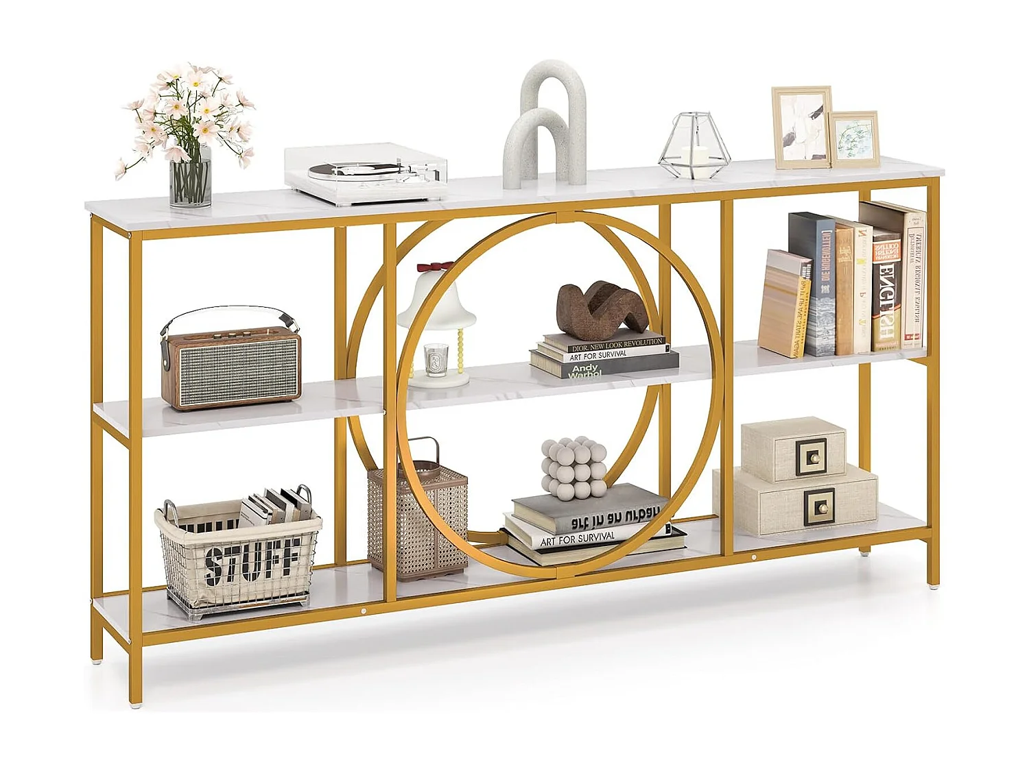 Consoletafel, smal, ingangstafel, 180 cm lang, 3 niveaus, banktafel, woonkamertafel, ideaal voor hal en woonkamer, 180 x 30 x 90 cm, witVH34685