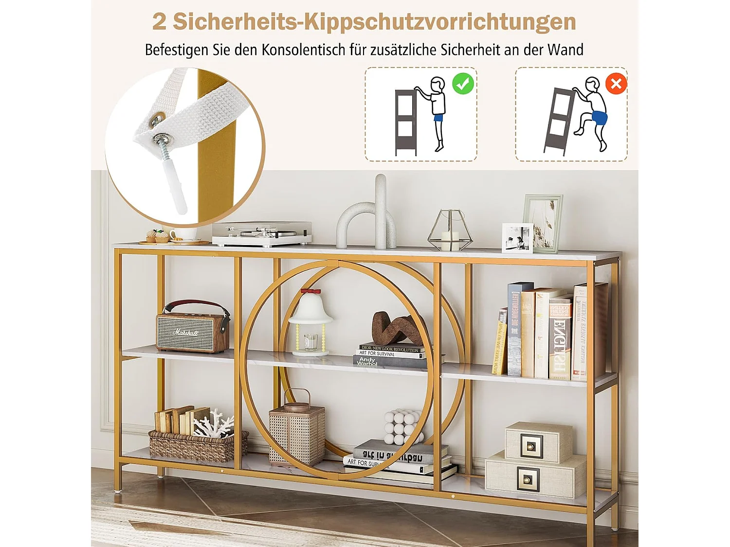 Consoletafel, smal, ingangstafel, 180 cm lang, 3 niveaus, banktafel, woonkamertafel, ideaal voor hal en woonkamer, 180 x 30 x 90 cm, witVH34685