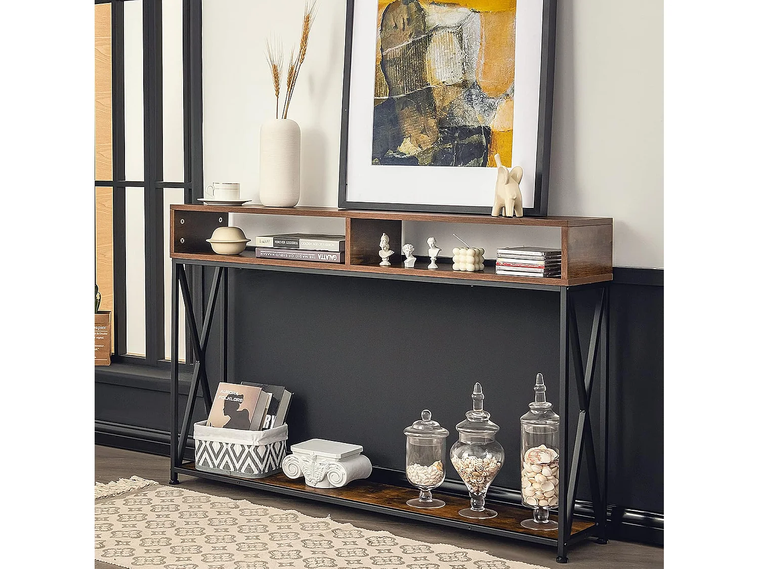 Consoletafel met 2 niveaus met open vakken, gangtafel van hout, staand rek, bijzettafel voor inkom, woonkamer en slaapkamer, 120 x 23 x 79 cm (bruin)TH32238