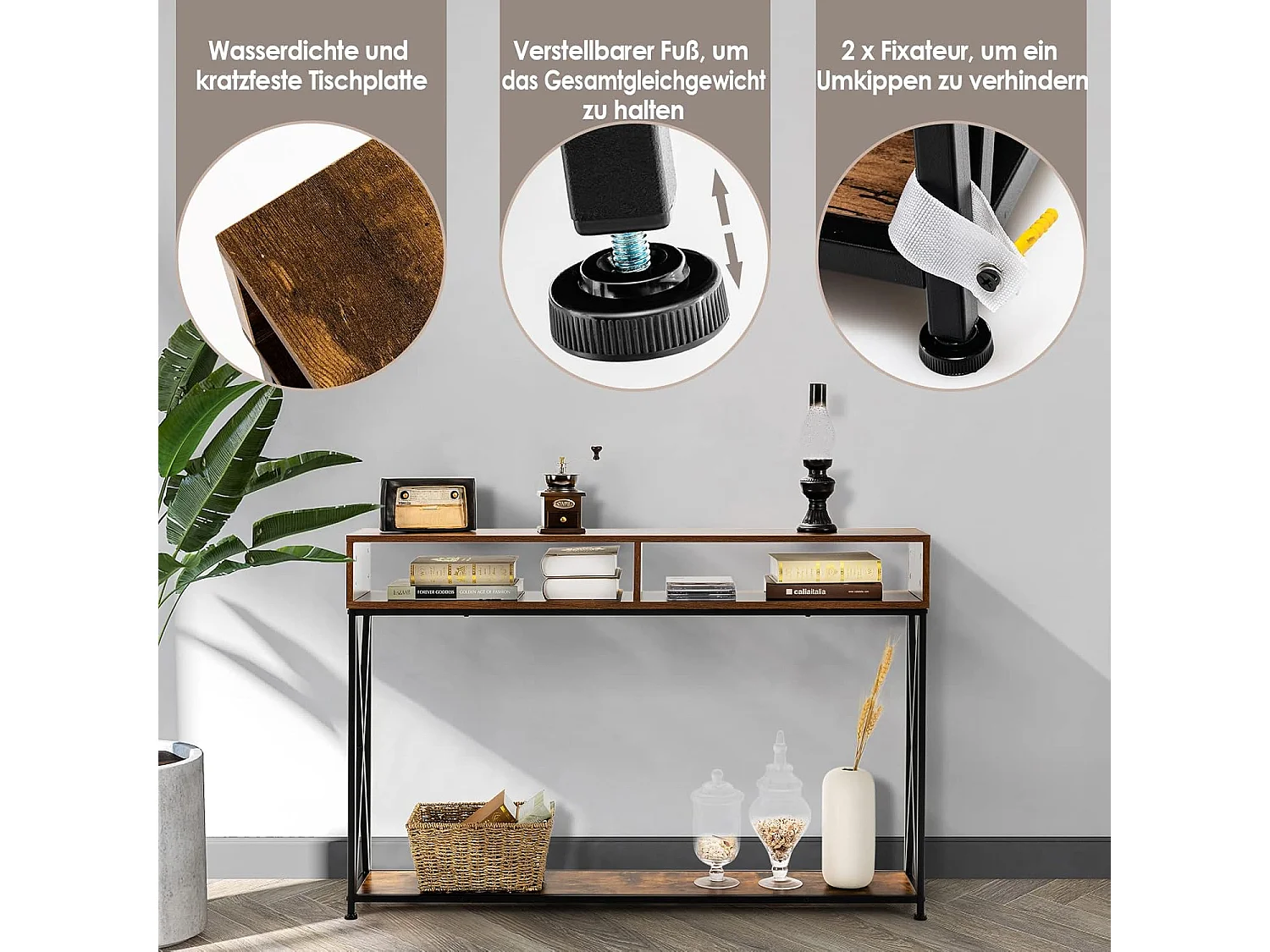 Consoletafel met 2 niveaus met open vakken, gangtafel van hout, staand rek, bijzettafel voor inkom, woonkamer en slaapkamer, 120 x 23 x 79 cm (bruin)TH32238
