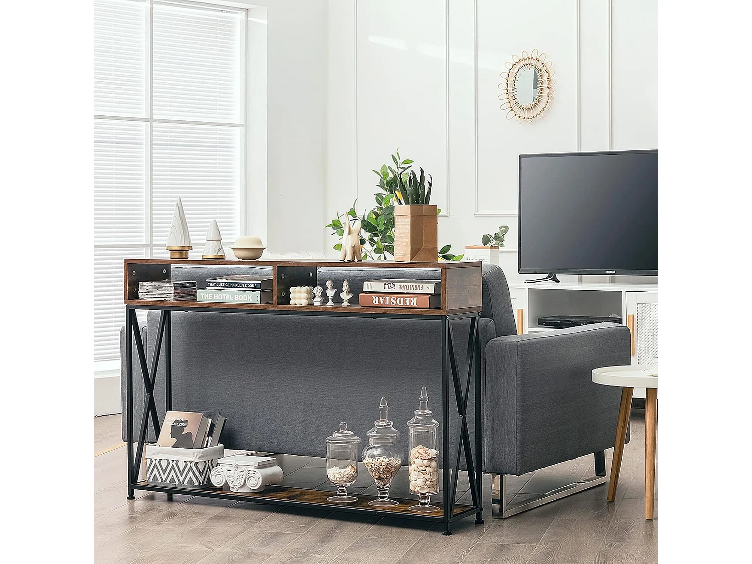 Consoletafel met 2 niveaus met open vakken, gangtafel van hout, staand rek, bijzettafel voor inkom, woonkamer en slaapkamer, 120 x 23 x 79 cm (bruin)TH32238