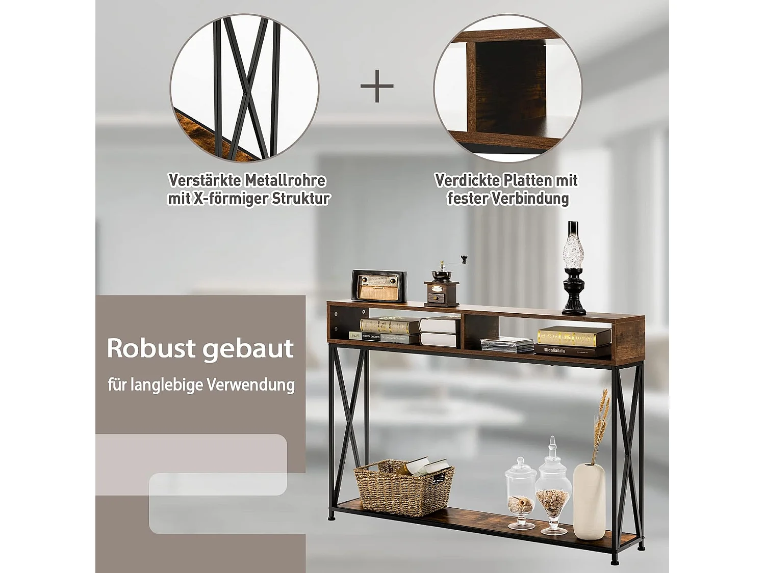 Consoletafel met 2 niveaus met open vakken, gangtafel van hout, staand rek, bijzettafel voor inkom, woonkamer en slaapkamer, 120 x 23 x 79 cm (bruin)TH32238