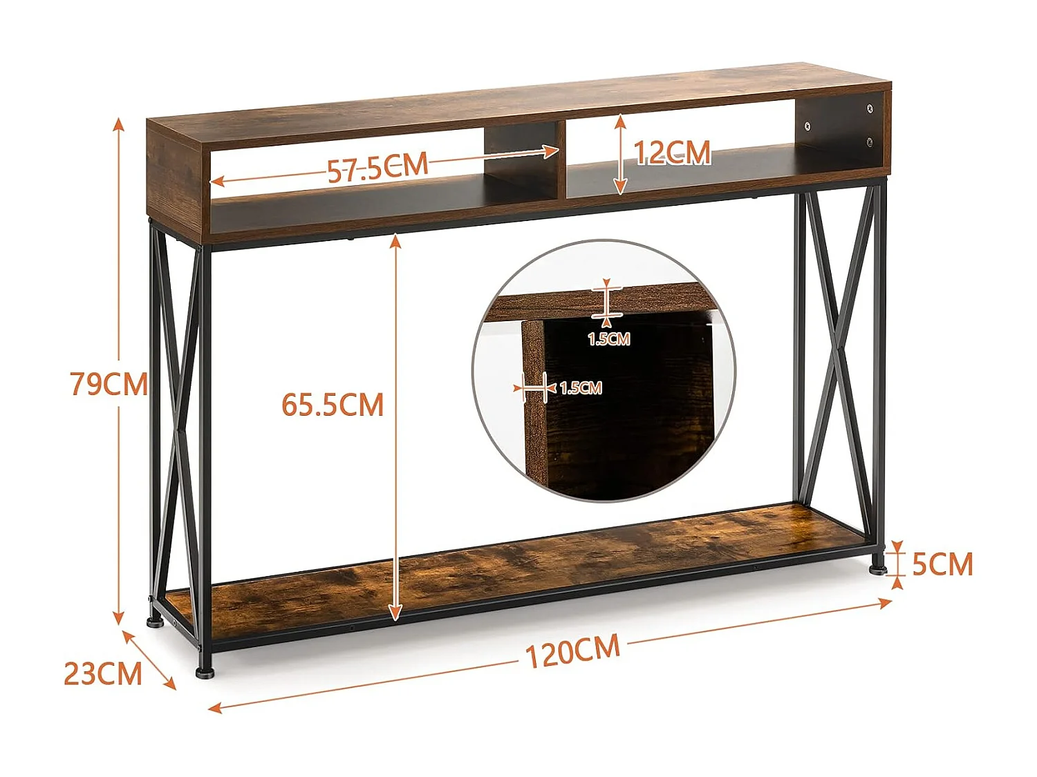 Consoletafel met 2 niveaus met open vakken, gangtafel van hout, staand rek, bijzettafel voor inkom, woonkamer en slaapkamer, 120 x 23 x 79 cm (bruin)TH32238