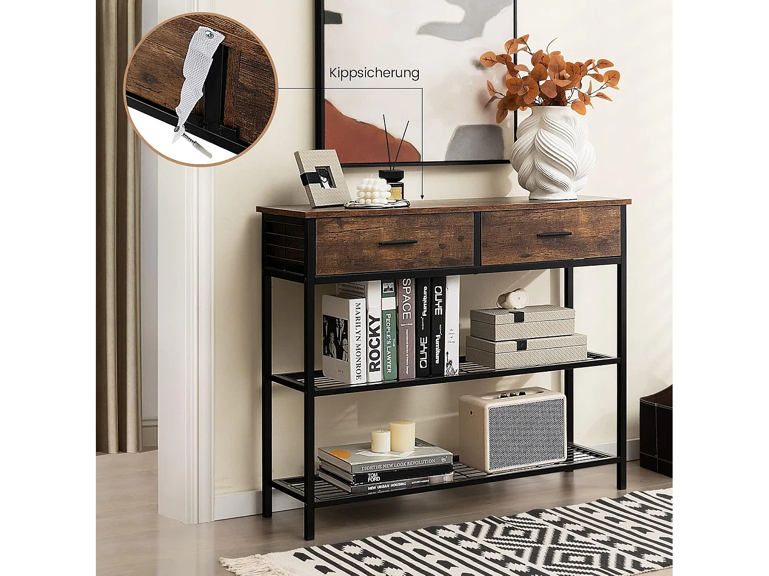 100 cm consoletafel met 2 laden, 3 niveaus, gangtafel van hout, bijzettafel met metalen frame, met kantelbeveiliging (vintage)VH32640