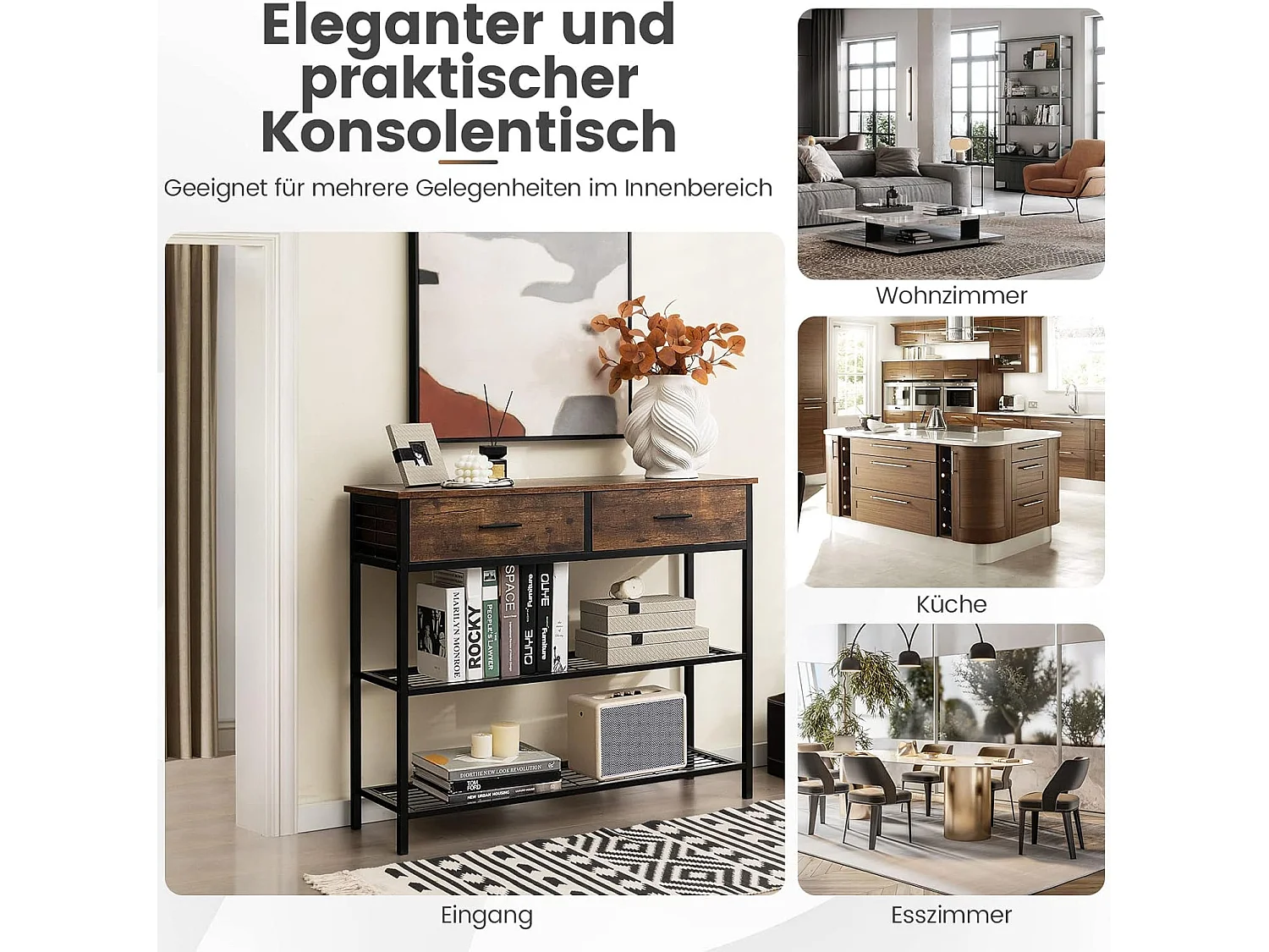 100 cm consoletafel met 2 laden, 3 niveaus, gangtafel van hout, bijzettafel met metalen frame, met kantelbeveiliging (vintage)VH32640