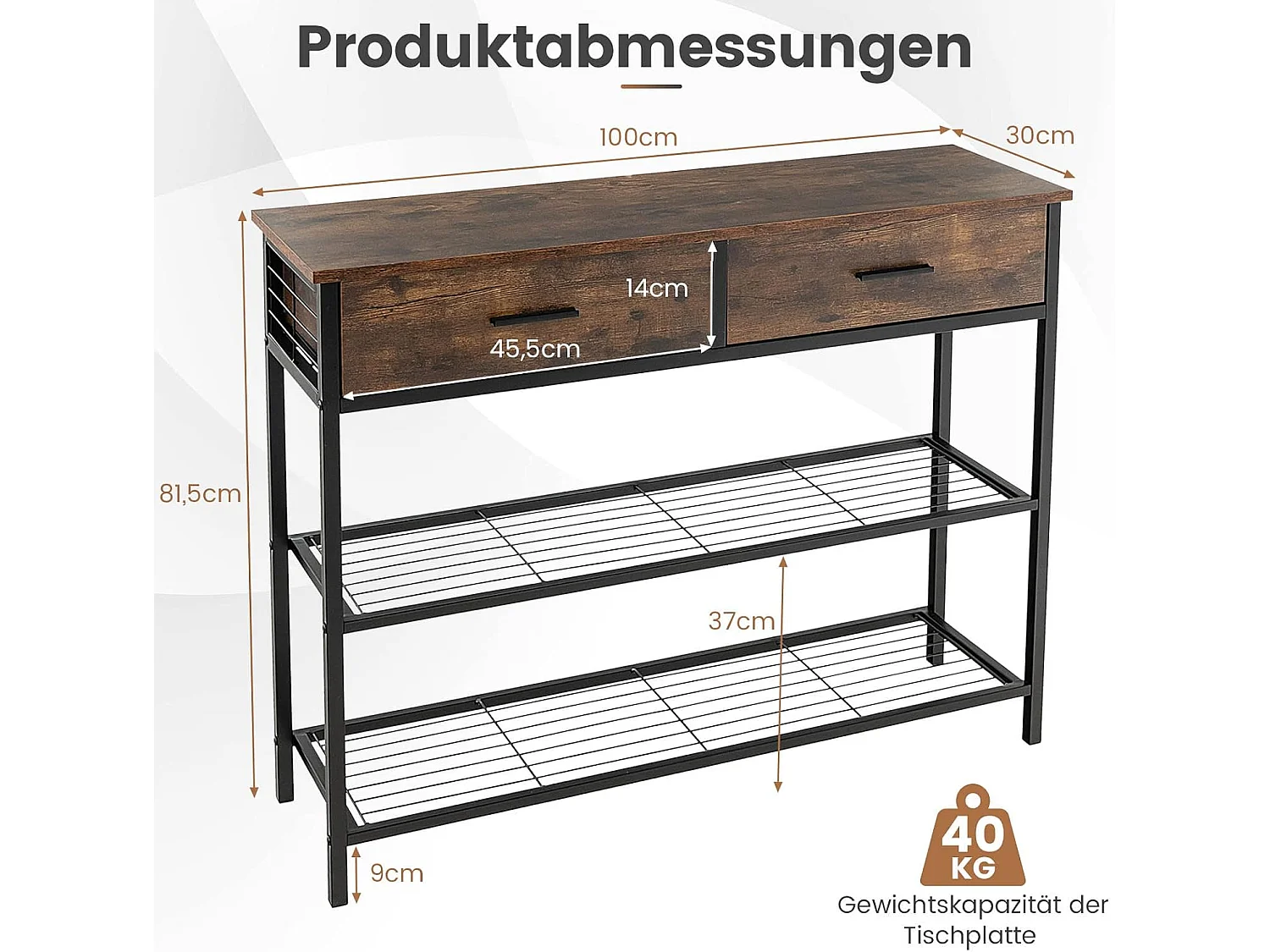 100 cm consoletafel met 2 laden, 3 niveaus, gangtafel van hout, bijzettafel met metalen frame, met kantelbeveiliging (vintage)VH32640