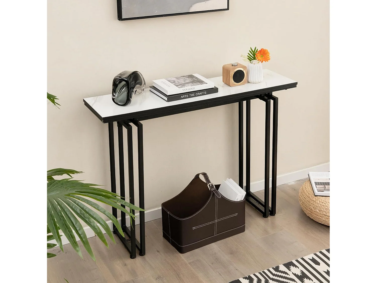 Consoletafel smal, gangtafel, marmerlook, bijzettafel met metalen frame, moderne entreetafel voor woonkamer en ingang, 110 x 30 x 81 cm (zwart)VH32113