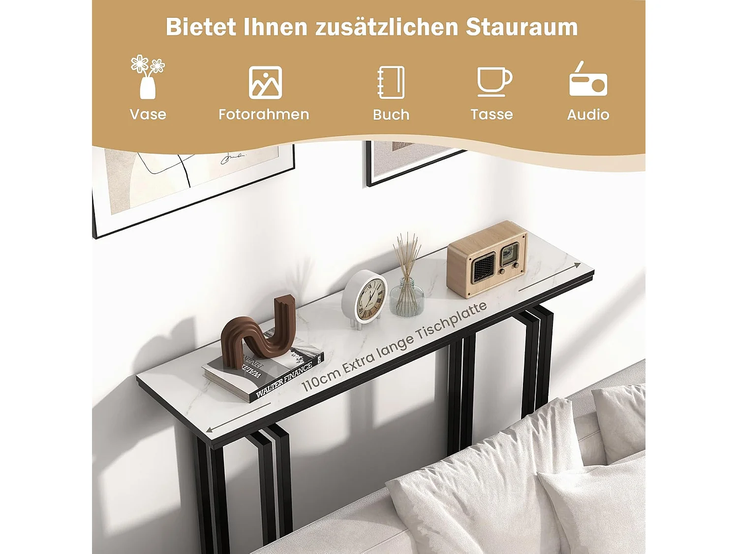 Consoletafel smal, gangtafel, marmerlook, bijzettafel met metalen frame, moderne entreetafel voor woonkamer en ingang, 110 x 30 x 81 cm (zwart)VH32113