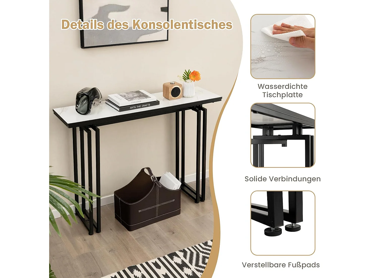 Consoletafel smal, gangtafel, marmerlook, bijzettafel met metalen frame, moderne entreetafel voor woonkamer en ingang, 110 x 30 x 81 cm (zwart)VH32113