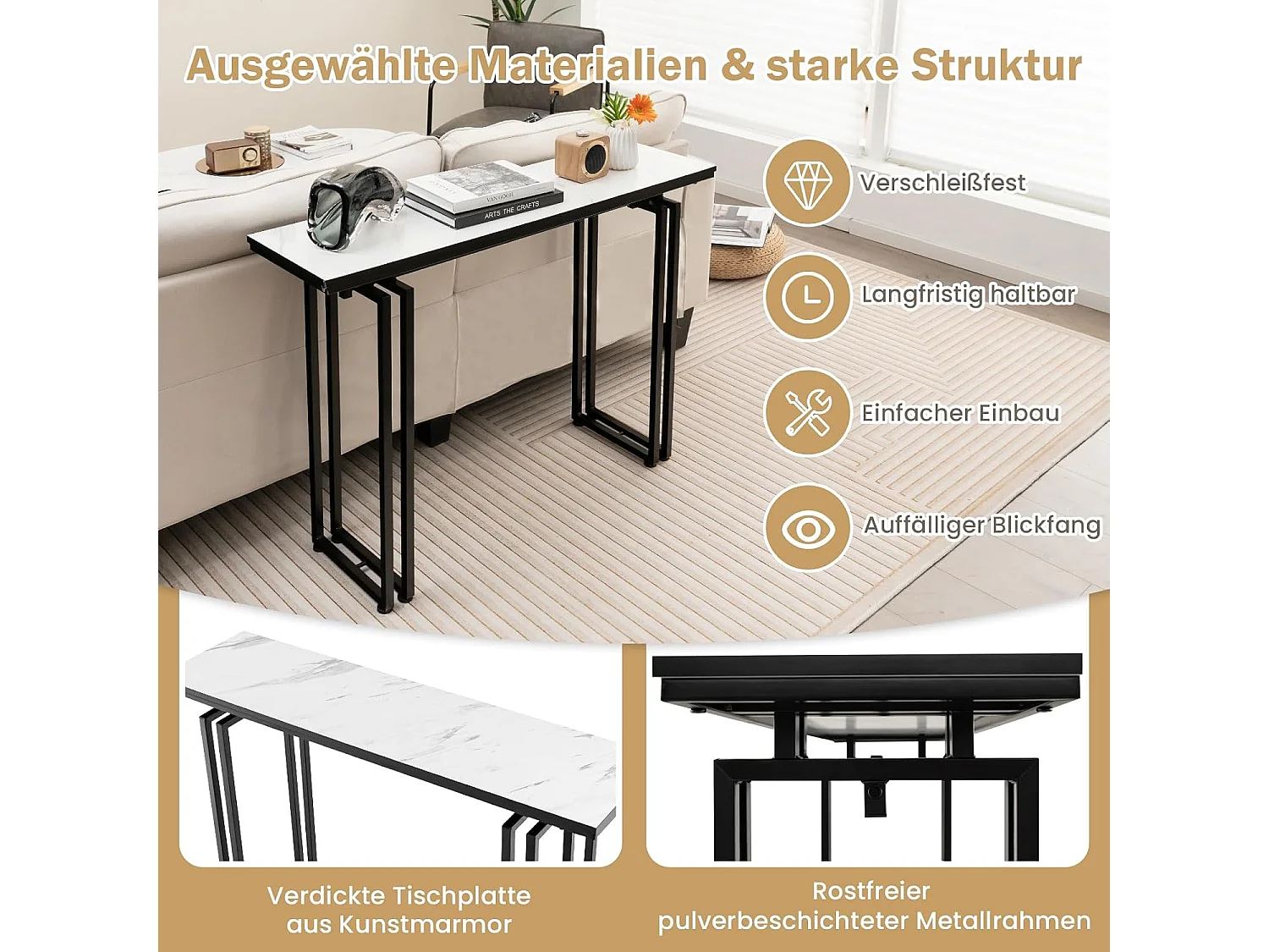 Consoletafel smal, gangtafel, marmerlook, bijzettafel met metalen frame, moderne entreetafel voor woonkamer en ingang, 110 x 30 x 81 cm (zwart)VH32113