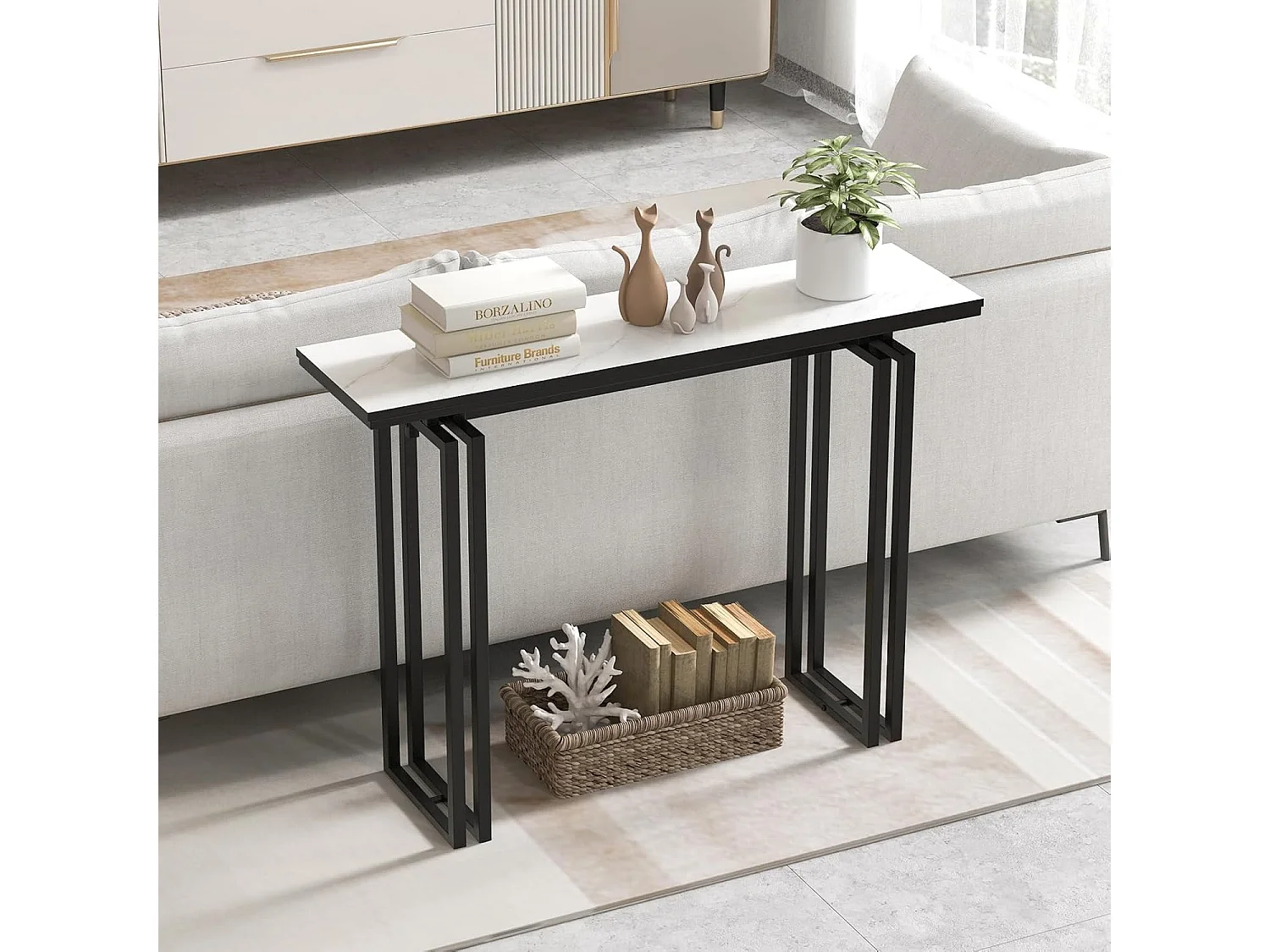 Consoletafel smal, gangtafel, marmerlook, bijzettafel met metalen frame, moderne entreetafel voor woonkamer en ingang, 110 x 30 x 81 cm (zwart)VH32113