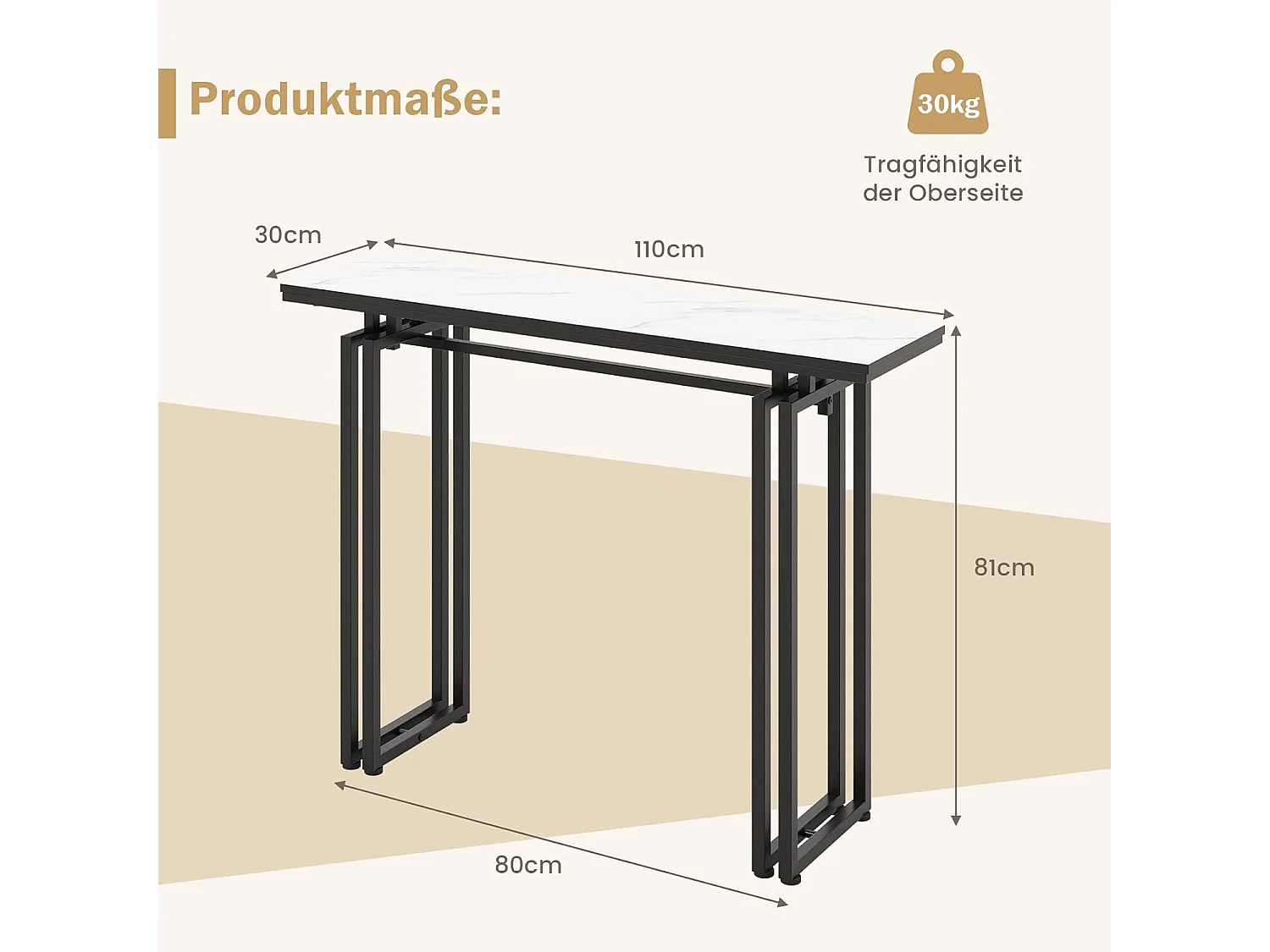 Consoletafel smal, gangtafel, marmerlook, bijzettafel met metalen frame, moderne entreetafel voor woonkamer en ingang, 110 x 30 x 81 cm (zwart)VH32113