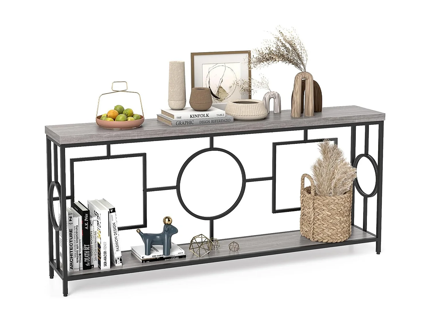 Vintage consoletafel 180 cm, haltafel met 2 niveaus, banktafel smal met metalen frame, entreetafel, hout, bijzettafel voor woonkamer, kantoor en entreeVH34230