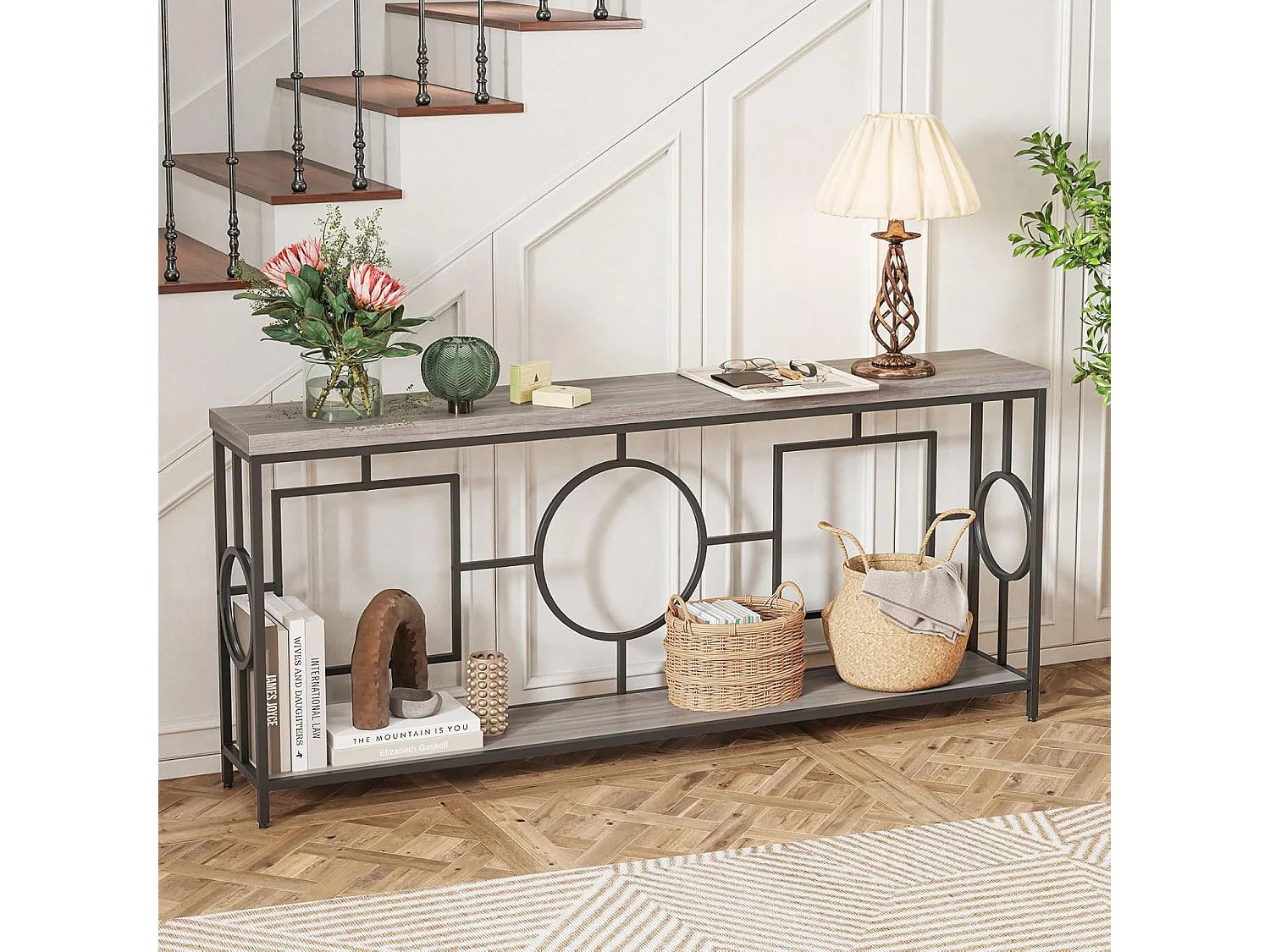 Vintage consoletafel 180 cm, haltafel met 2 niveaus, banktafel smal met metalen frame, entreetafel, hout, bijzettafel voor woonkamer, kantoor en entreeVH34230