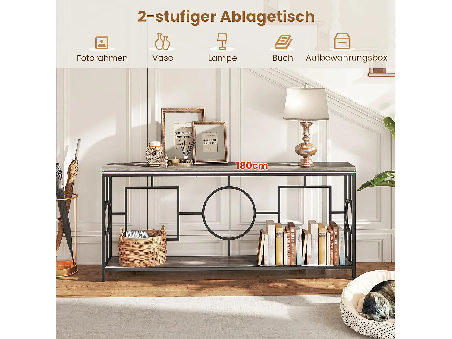 Vintage consoletafel 180 cm, haltafel met 2 niveaus, banktafel smal met metalen frame, entreetafel, hout, bijzettafel voor woonkamer, kantoor en entreeVH34230